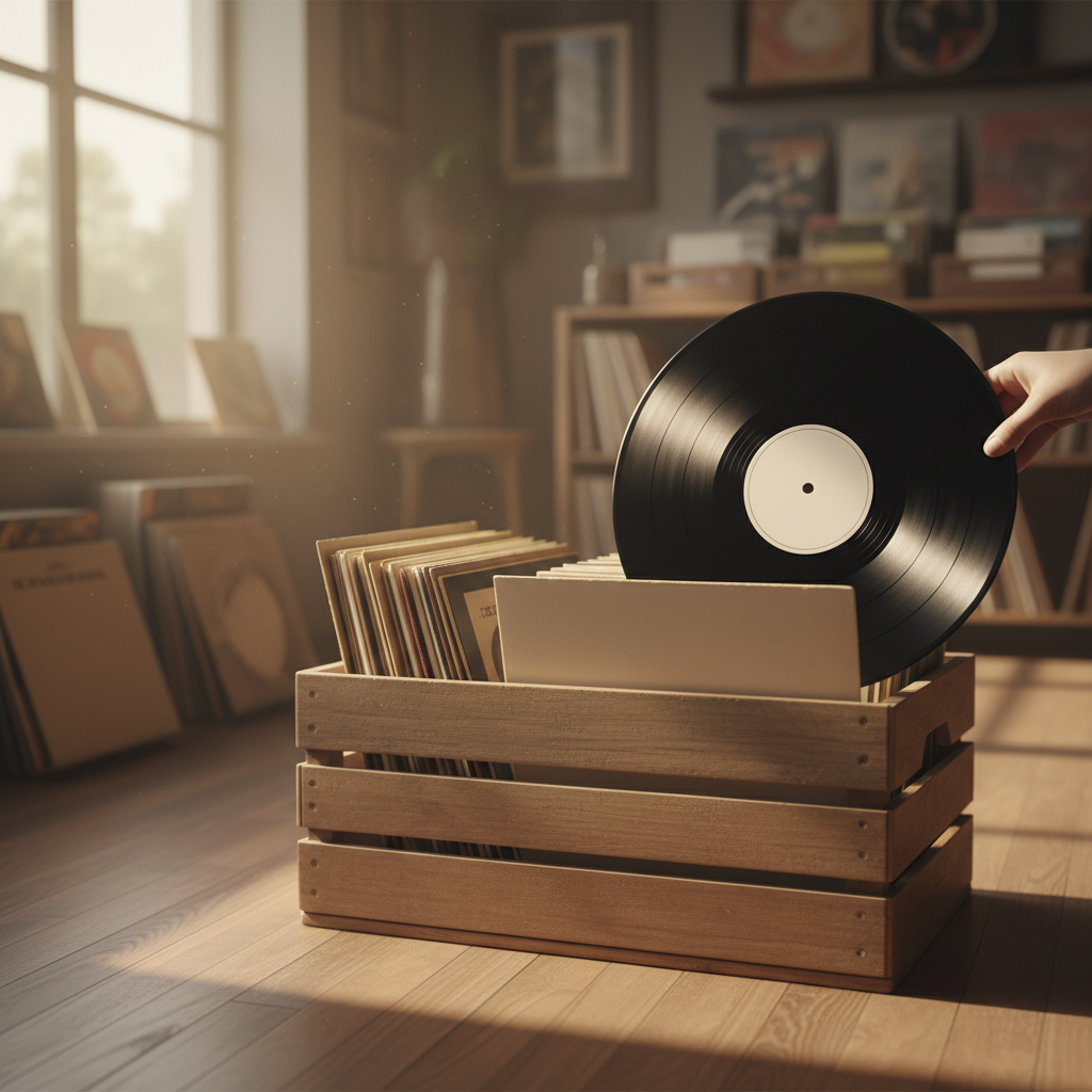 Vintage LPs in plain sleeves in a record-shop crate: classic rock essentials among the best vinyl records to own