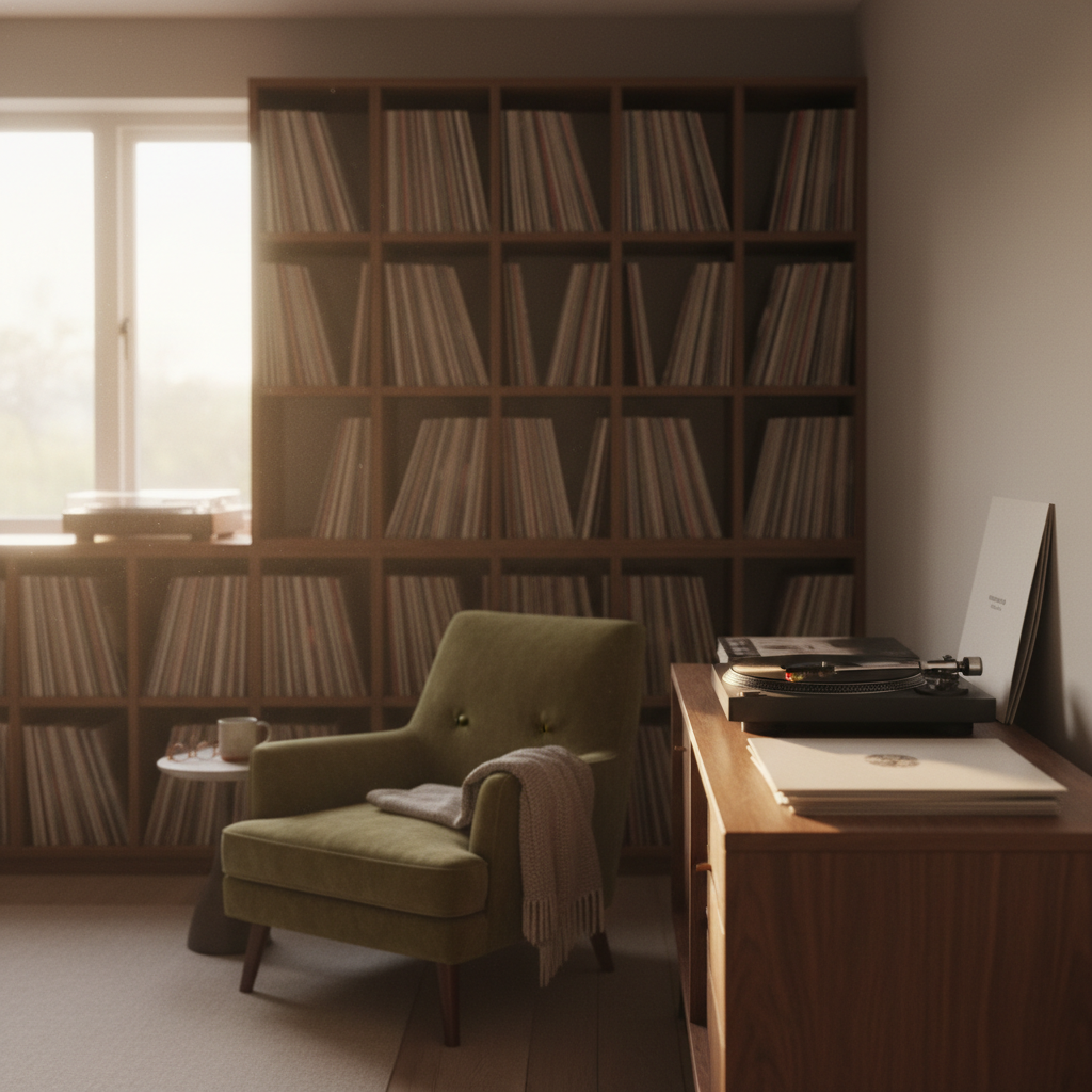 Listening room with an LP collection shelved spine-out beside a turntable: building a collection of the best vinyl records to own
