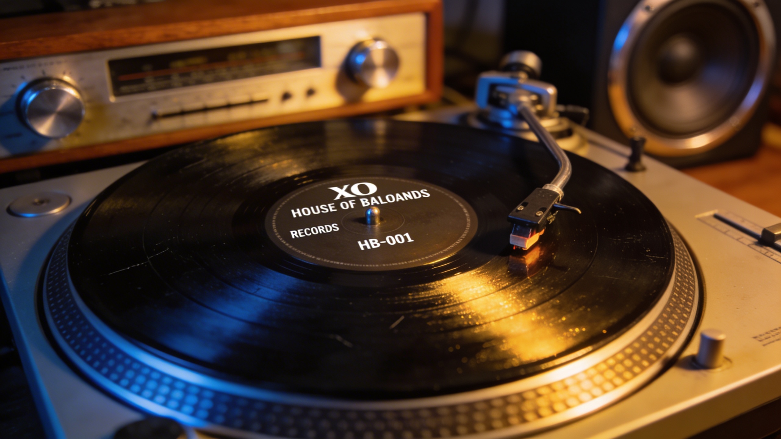 Photorealistic: Close-up of House of Balloons vinyl record on turntable platter, needle approaching the groove, warm tungsten lighting, detailed label visible with catalog numbers, shallow focus on th
