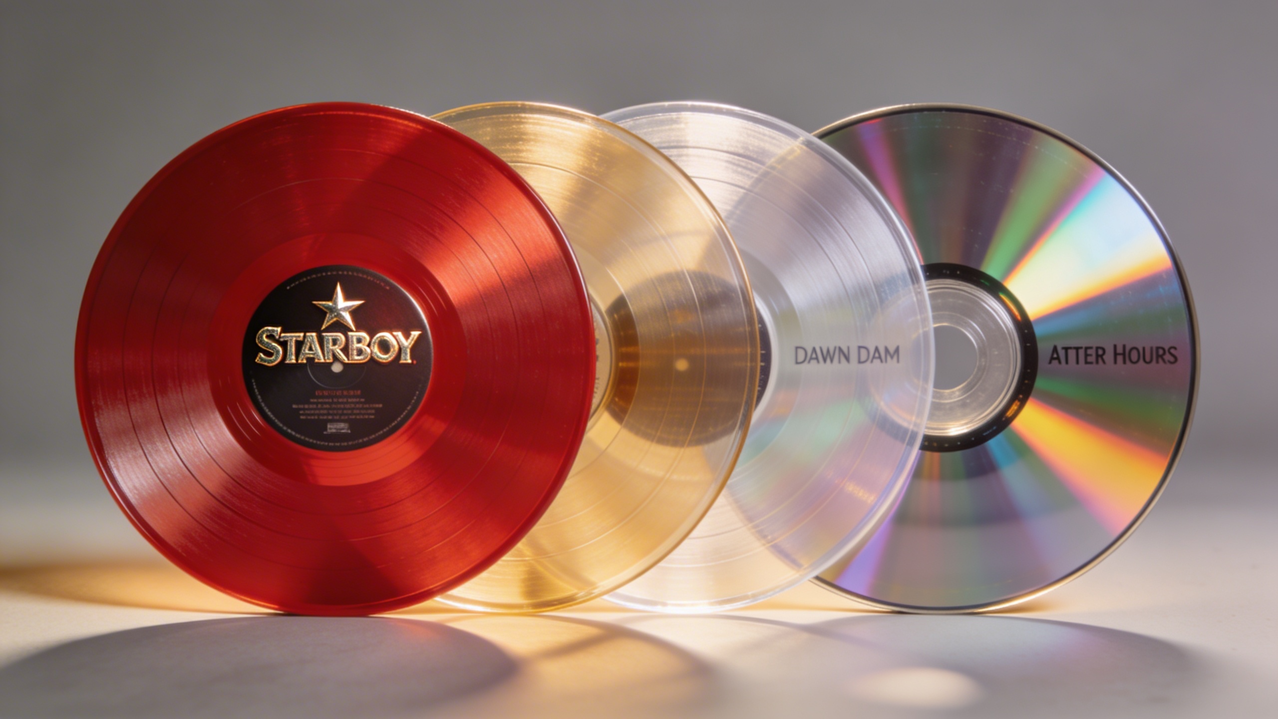 Photorealistic: Collection of The Weeknd color variant vinyl records arranged in a fan pattern, including red Starboy, clear Dawn FM, and holographic After Hours pressings, soft studio lighting highli