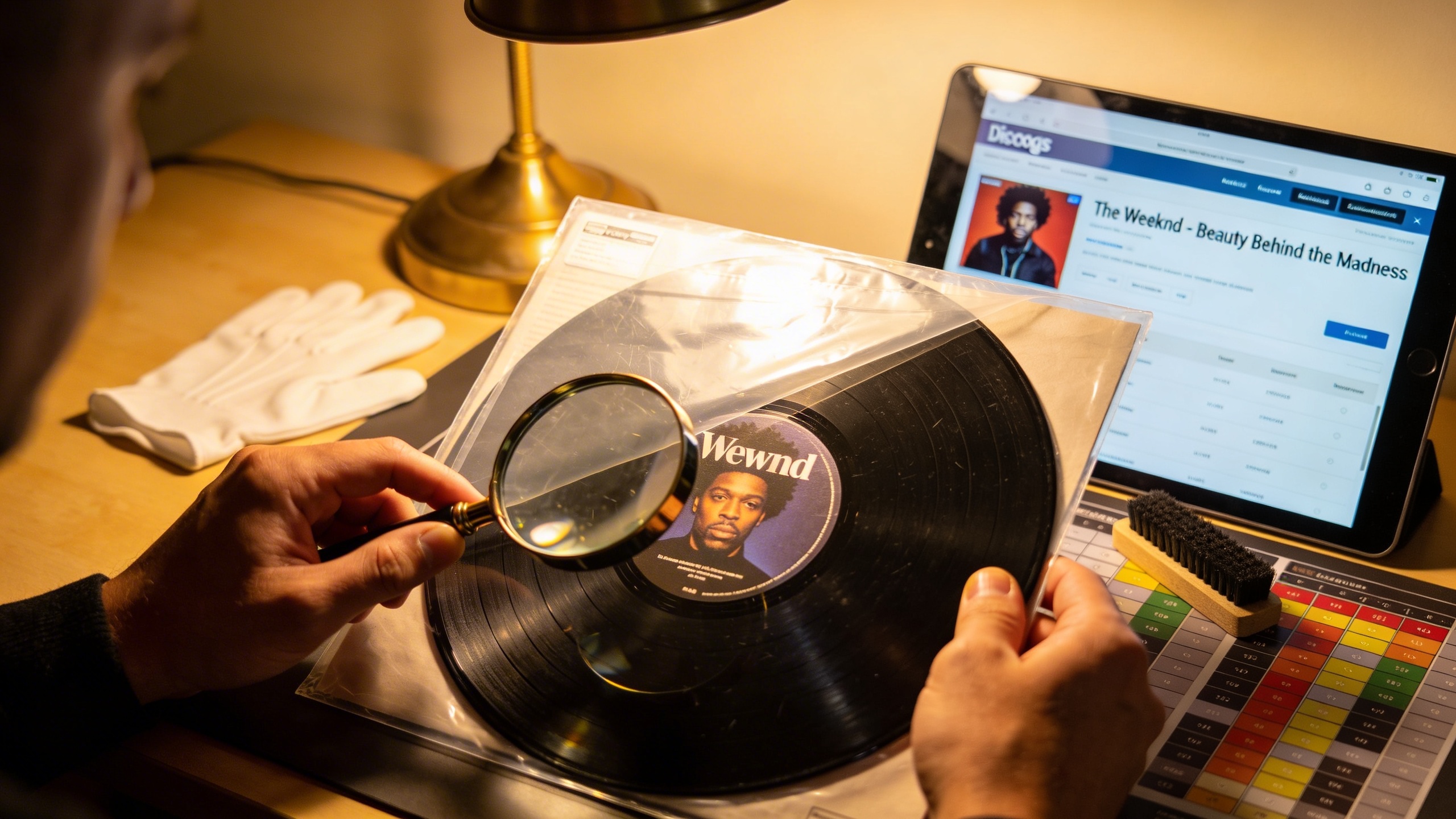 Photorealistic: Hands carefully examining a Weeknd vinyl record in protective sleeve, magnifying glass visible, Discogs price guide open on tablet nearby, warm desk lamp lighting, serious collector ev