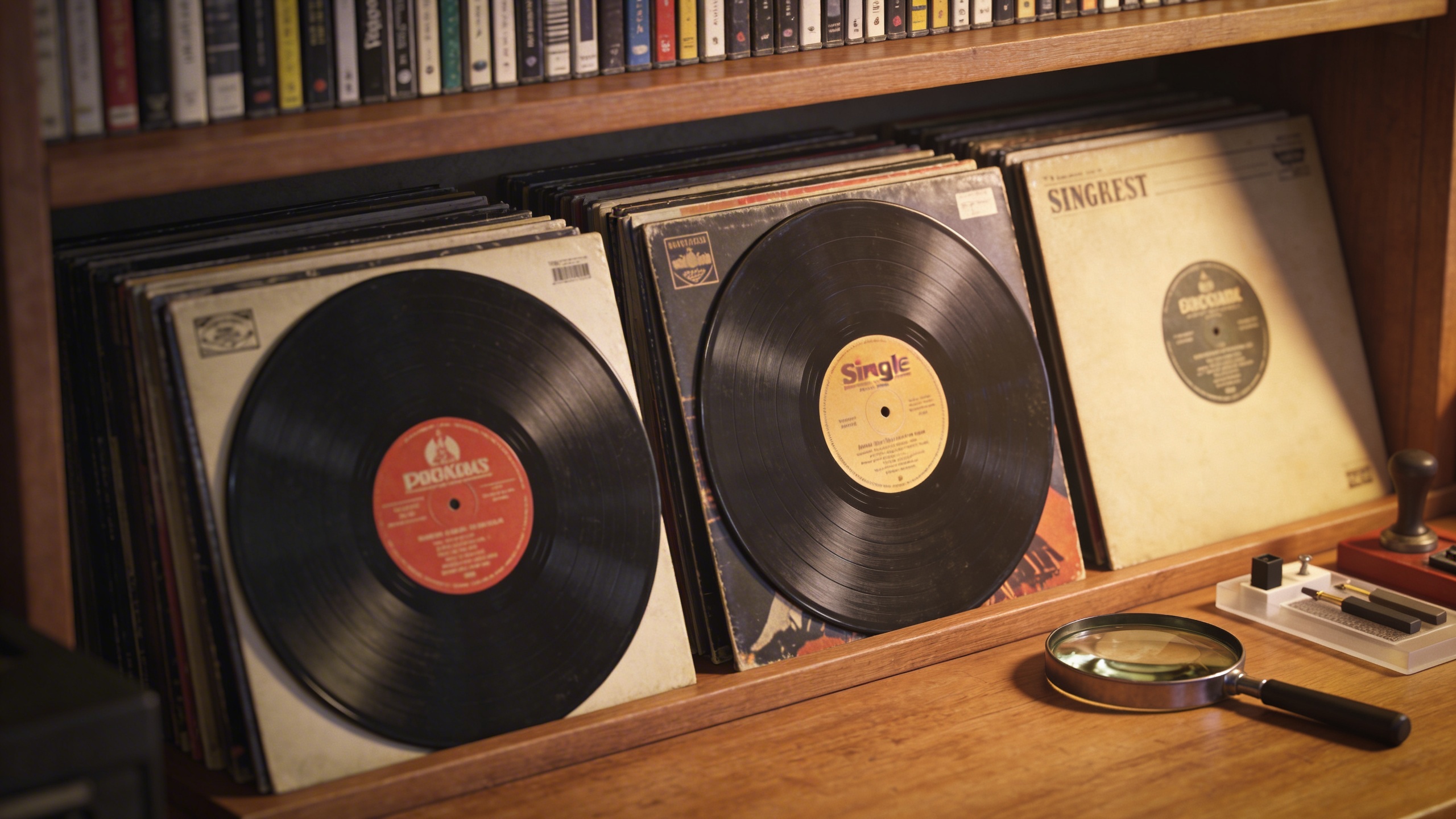 Photorealistic: Organized record collection showing various LP formats side by side, single LPs and 2LPs arranged on wooden shelves, warm tungsten lighting, detailed label variations visible, collecto