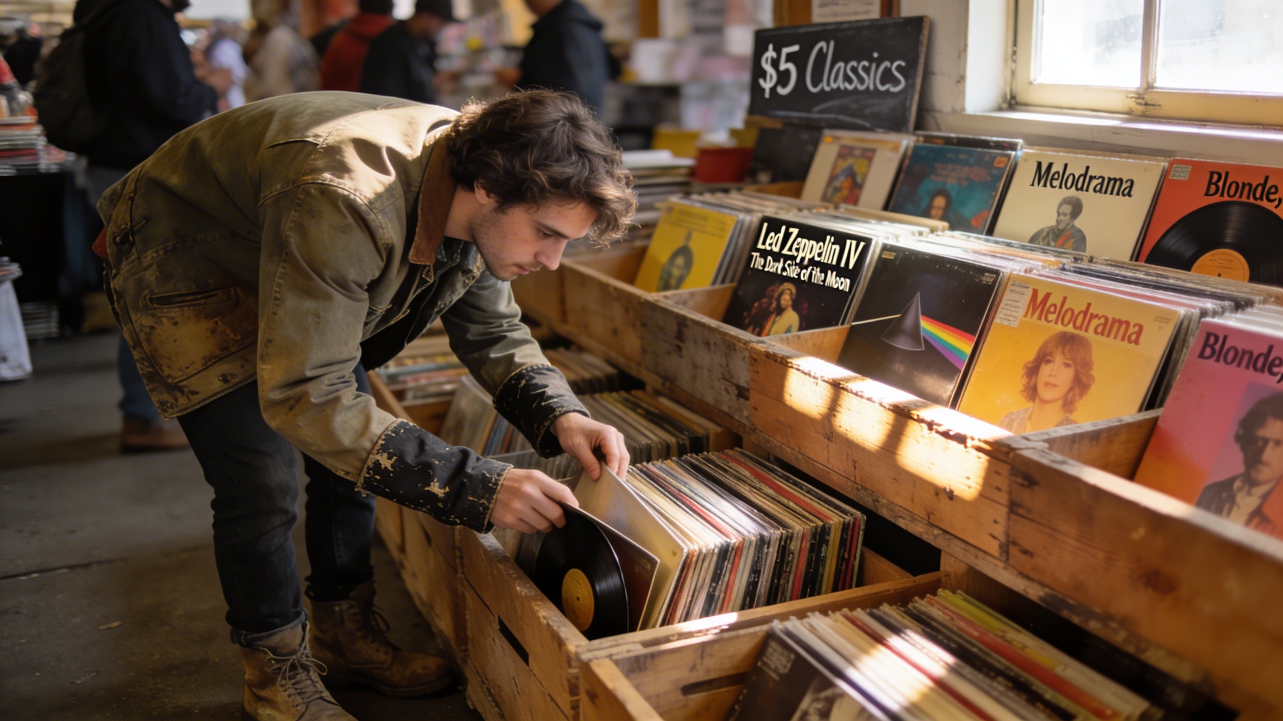 Photorealistic: Vinyl collector browsing through record crates at a record fair, warm natural lighting, hands flipping through albums, diverse collection of classic rock and contemporary releases visi