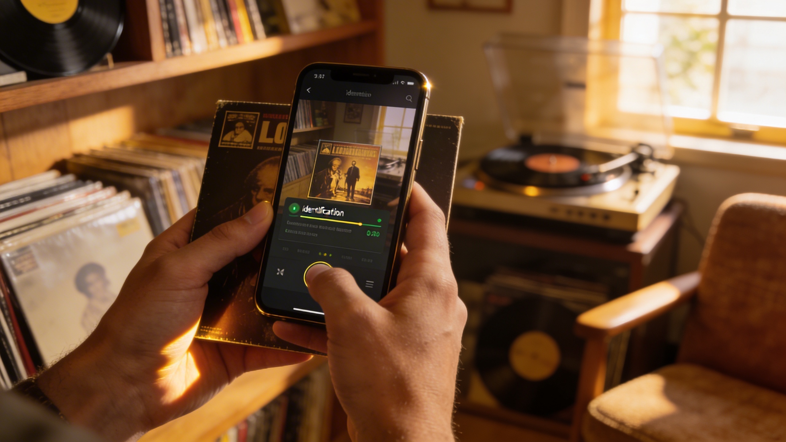 Photorealistic: Close-up of hands holding a smartphone scanning a vinyl record cover, the phone screen showing identification results, warm natural lighting from a nearby window, vintage turntable blu