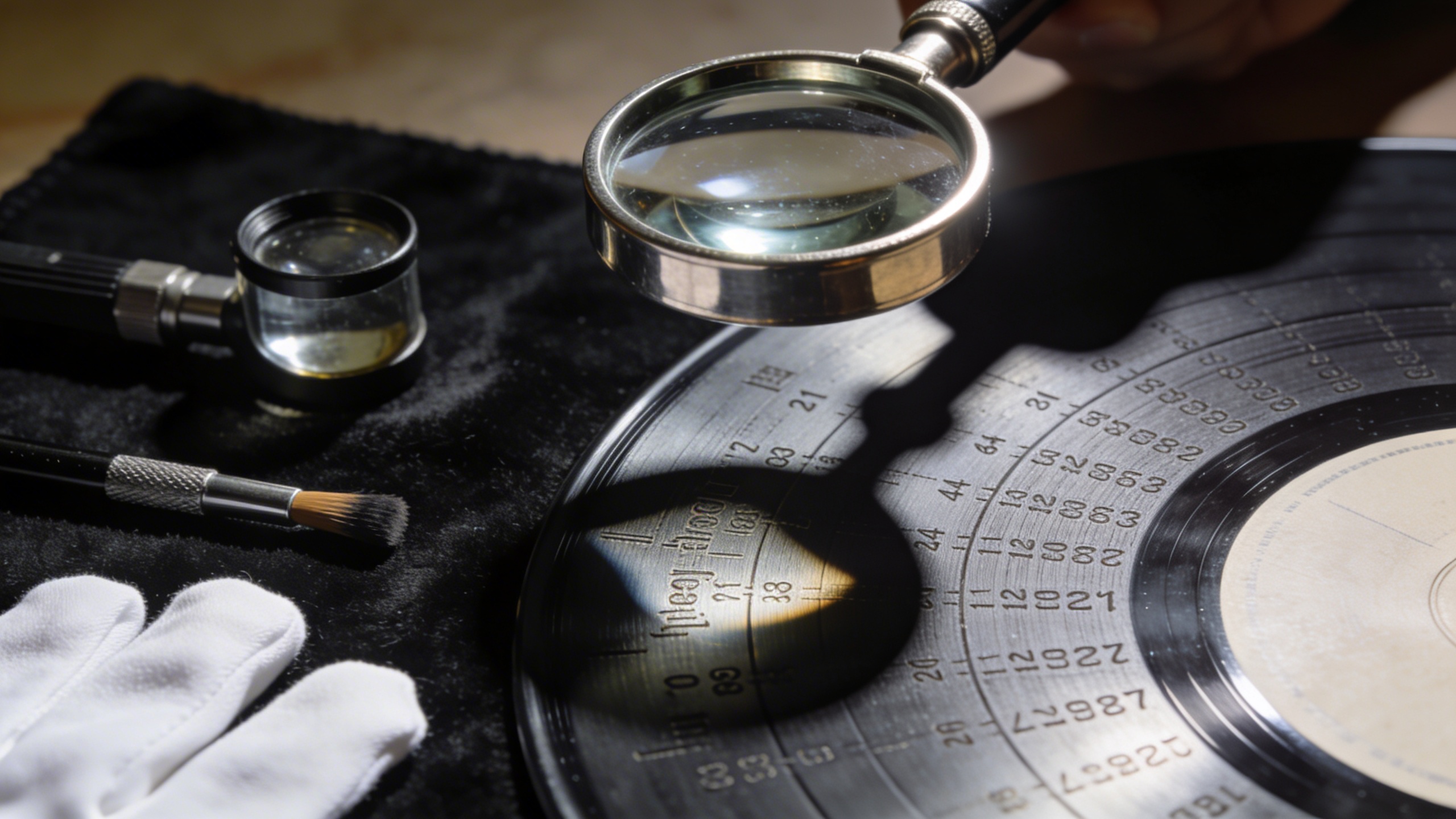 Photorealistic: Detailed macro shot of vinyl record matrix numbers and dead wax area being examined with a magnifying glass, dramatic side lighting highlighting the etched details, professional gradin