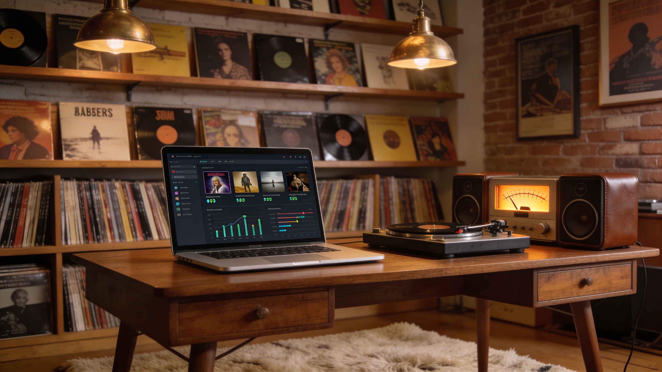 Photorealistic: Wide shot of a well-organized vinyl collection with records sorted in wooden shelves, a laptop displaying collection analytics and charts, warm pendant lighting, cozy listening room at