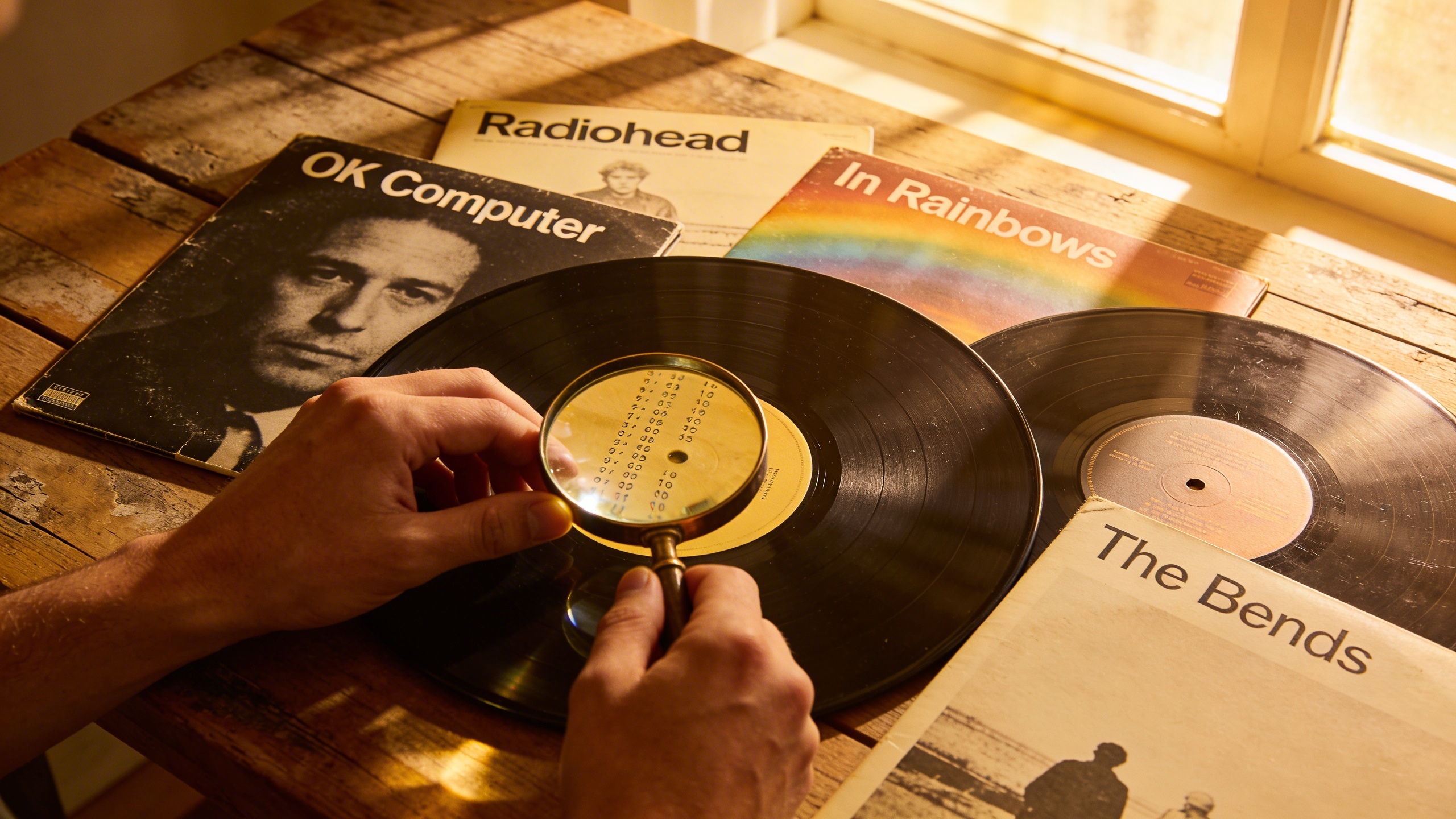 Photorealistic: Collection of Radiohead vinyl albums spread on wooden table, including OK Computer, In Rainbows, and The Bends, warm golden hour lighting streaming through window, hands of collector e