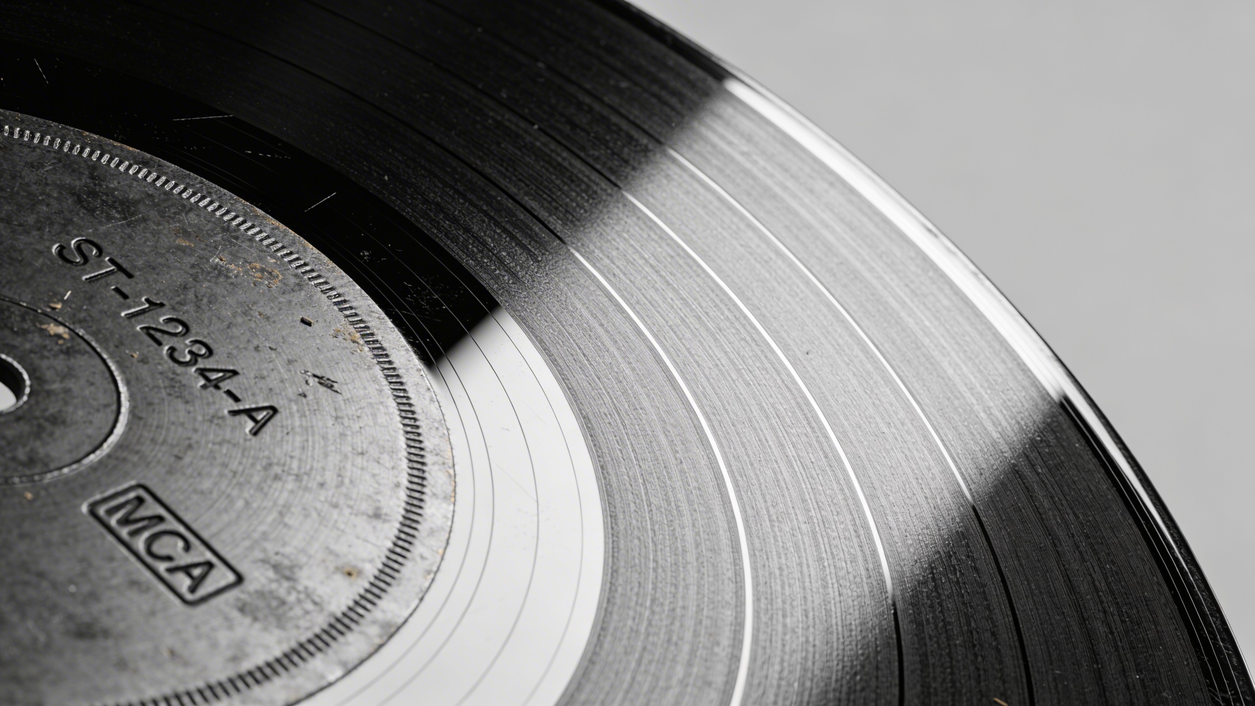 Photorealistic: Extreme close-up of vinyl record matrix numbers in dead wax area, macro lens detail showing etched codes and pressing plant stamps, dramatic side lighting highlighting the grooves and 
