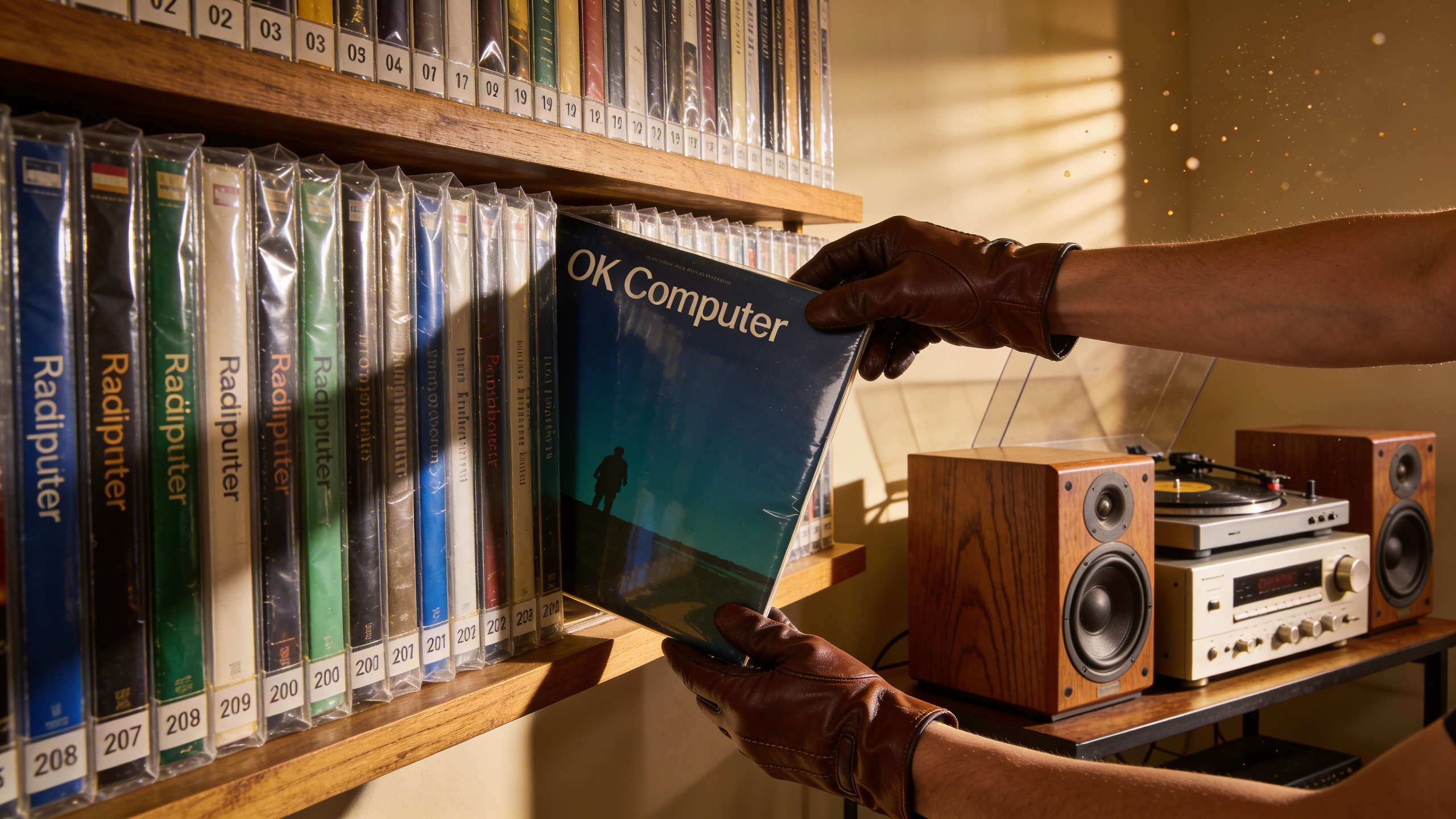 Photorealistic: Organized vinyl collection shelf featuring complete Radiohead discography, proper storage with protective sleeves, warm library lighting, collector's hands reaching for specific album,