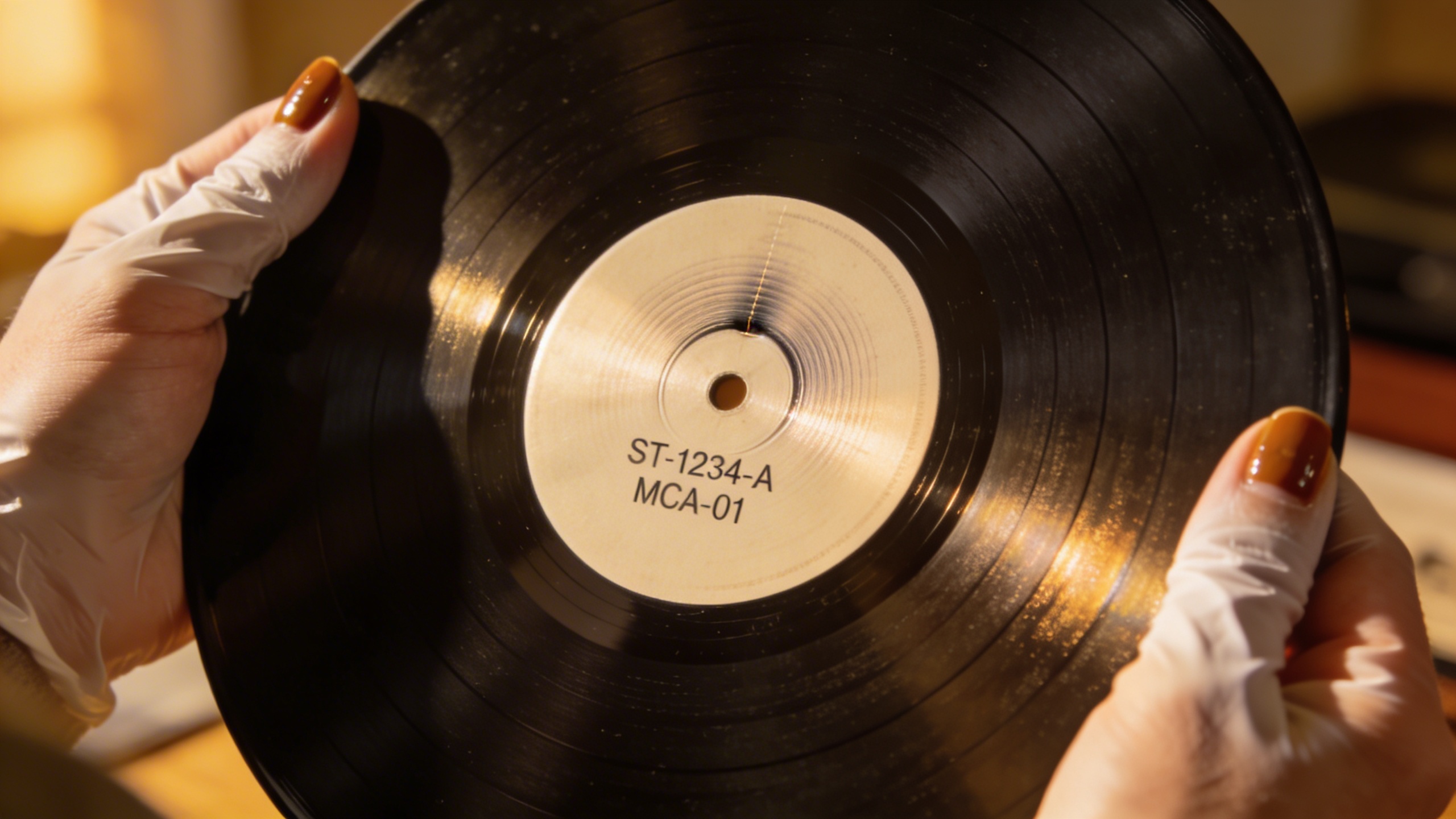 Photorealistic: Close-up of hands holding a pristine vinyl record with visible matrix numbers and pressing plant codes, examining the label under soft natural light, detailed texture of the vinyl surf