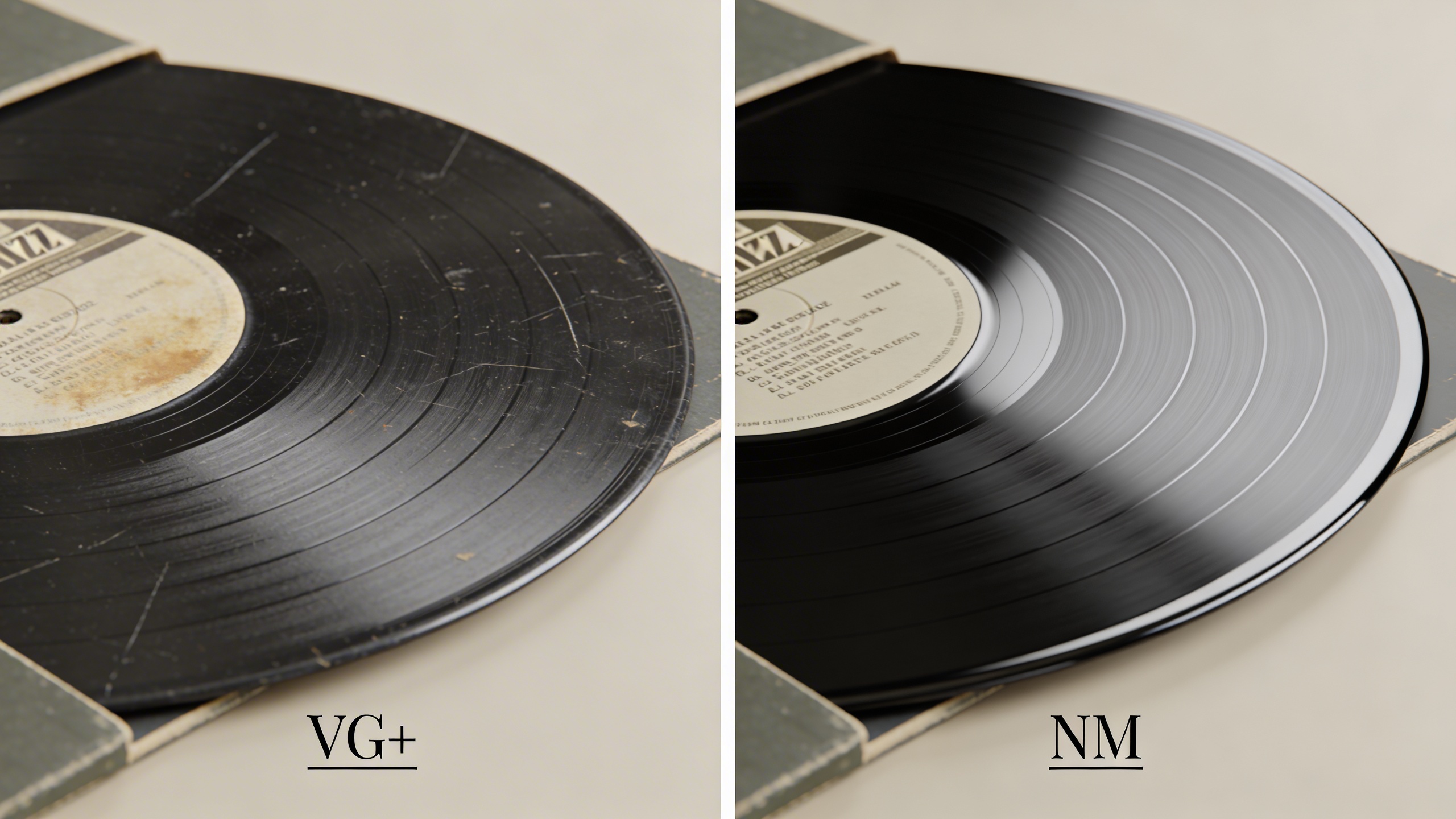 Photorealistic: Split-screen composition showing the same rare jazz record - one half showing VG+ condition with visible wear, other half showing NM condition, side-by-side comparison under consistent