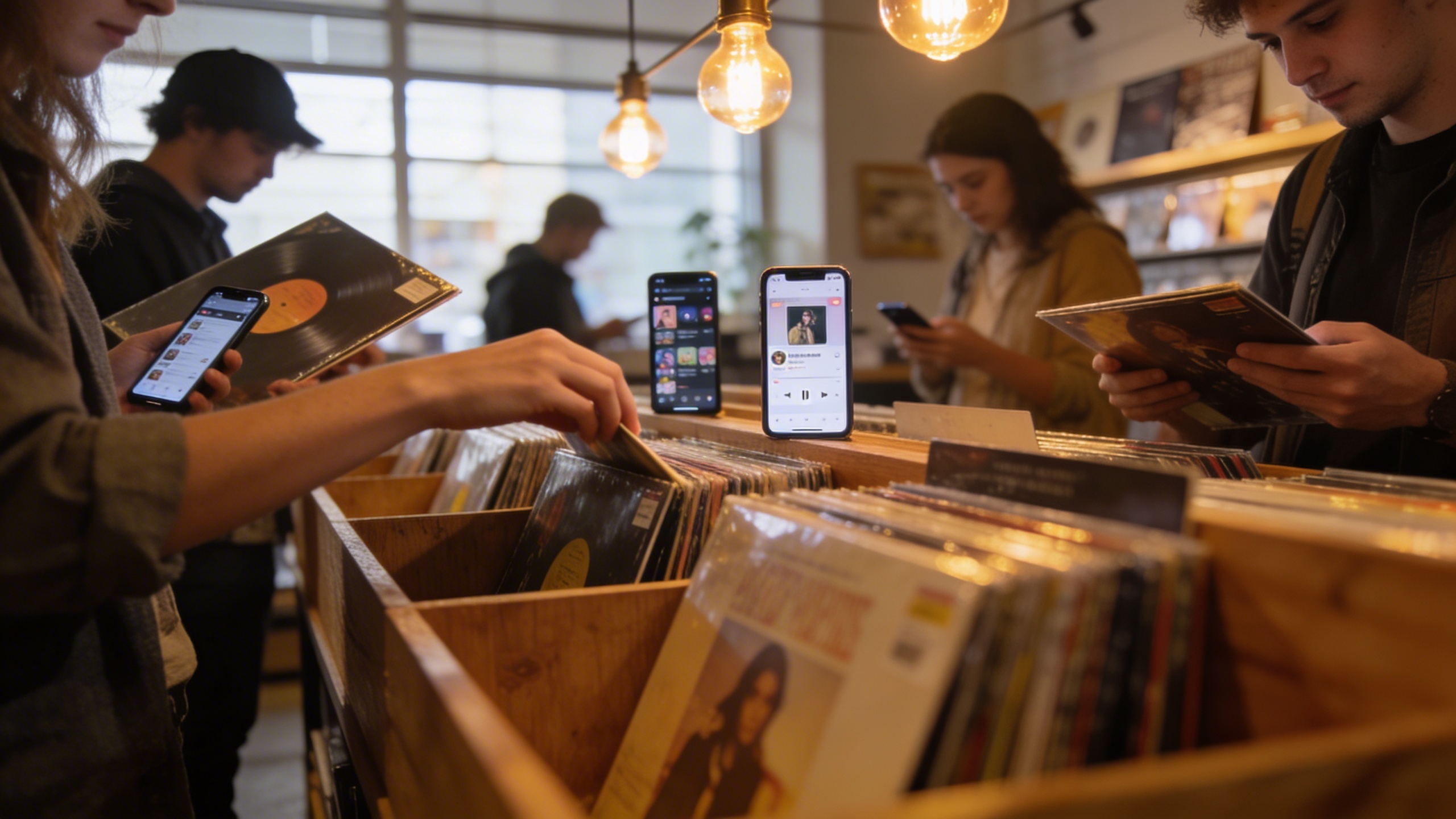 Photorealistic: Modern record store interior with customers browsing vinyl bins while simultaneously checking phones, blend of physical and digital collecting, warm Edison bulb lighting, depth of fiel