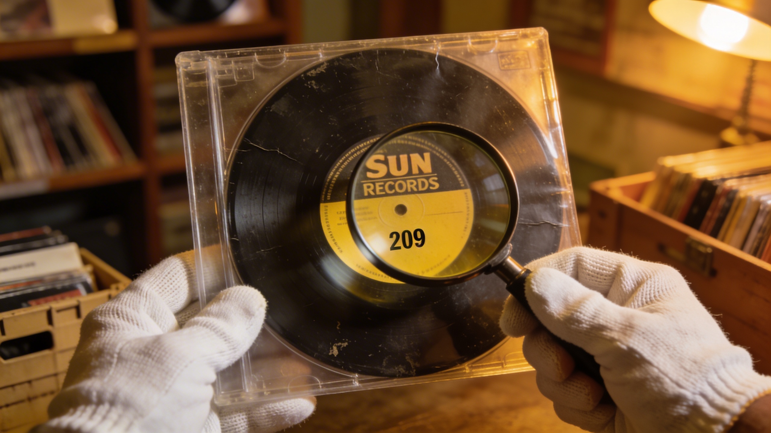 Photorealistic: Original Sun Records 45 RPM single in protective sleeve being examined with magnifying glass, showing catalog number 209, warm incandescent lighting highlighting the yellow Sun label, 