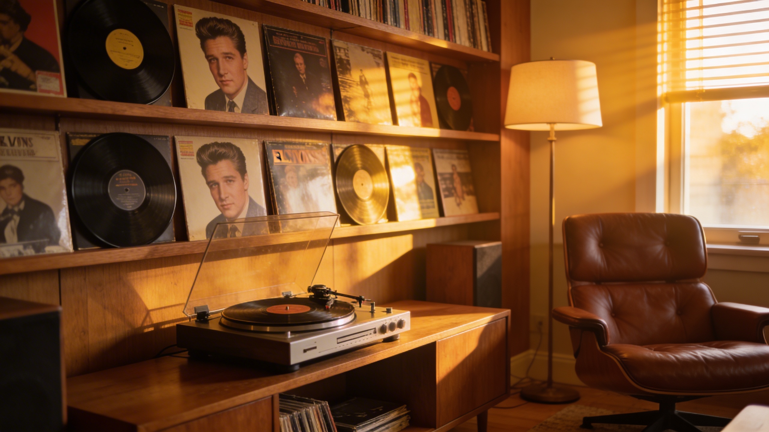 Photorealistic: Collector's listening room with Elvis vinyl collection displayed on wooden shelves, vintage turntable playing a record, warm golden hour lighting streaming through window, comfortable 