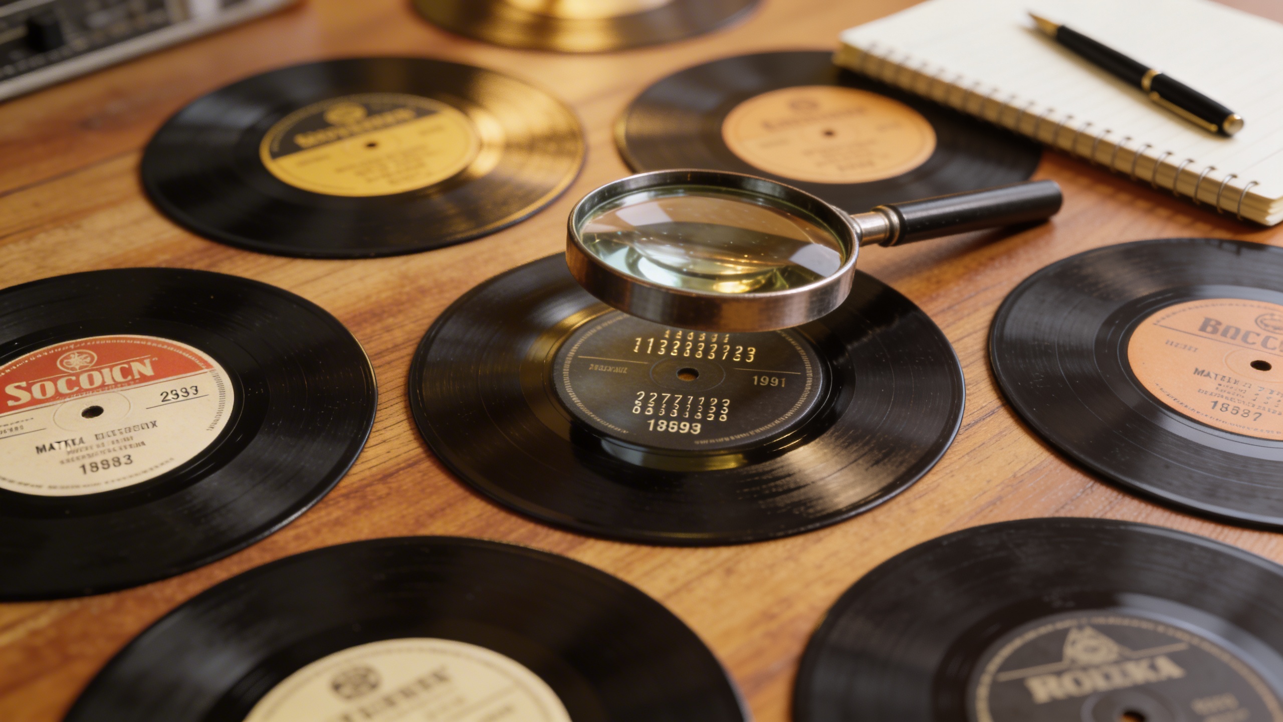 Photorealistic: Multiple vinyl records spread on a wooden surface showing different label variants and catalog numbers, magnifying glass examining matrix numbers, warm natural lighting, collector's wo