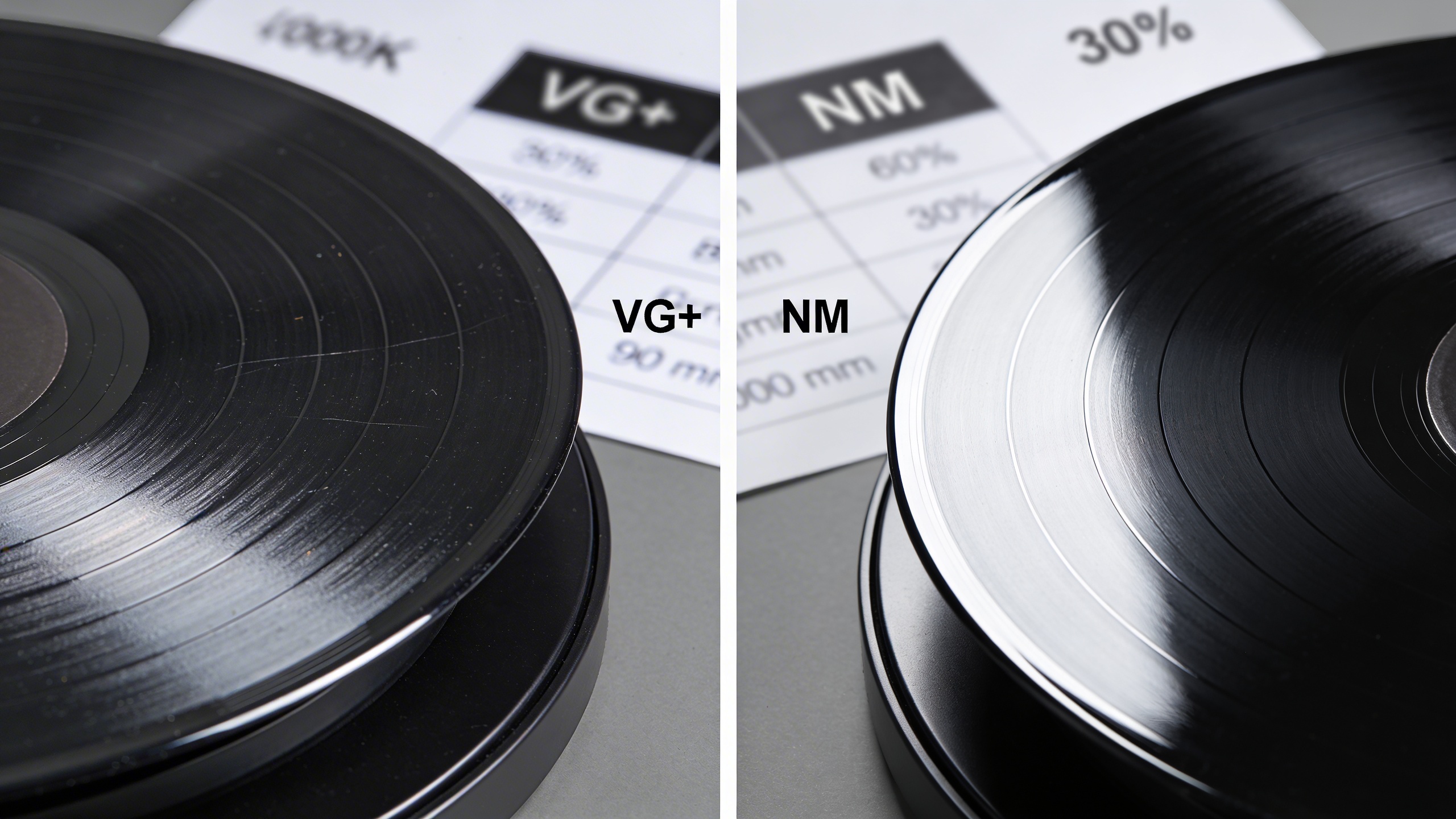 Photorealistic: Split scene showing VG+ and NM condition vinyl records side by side, detailed close-up of surface wear patterns, professional lighting highlighting condition differences, grading guide