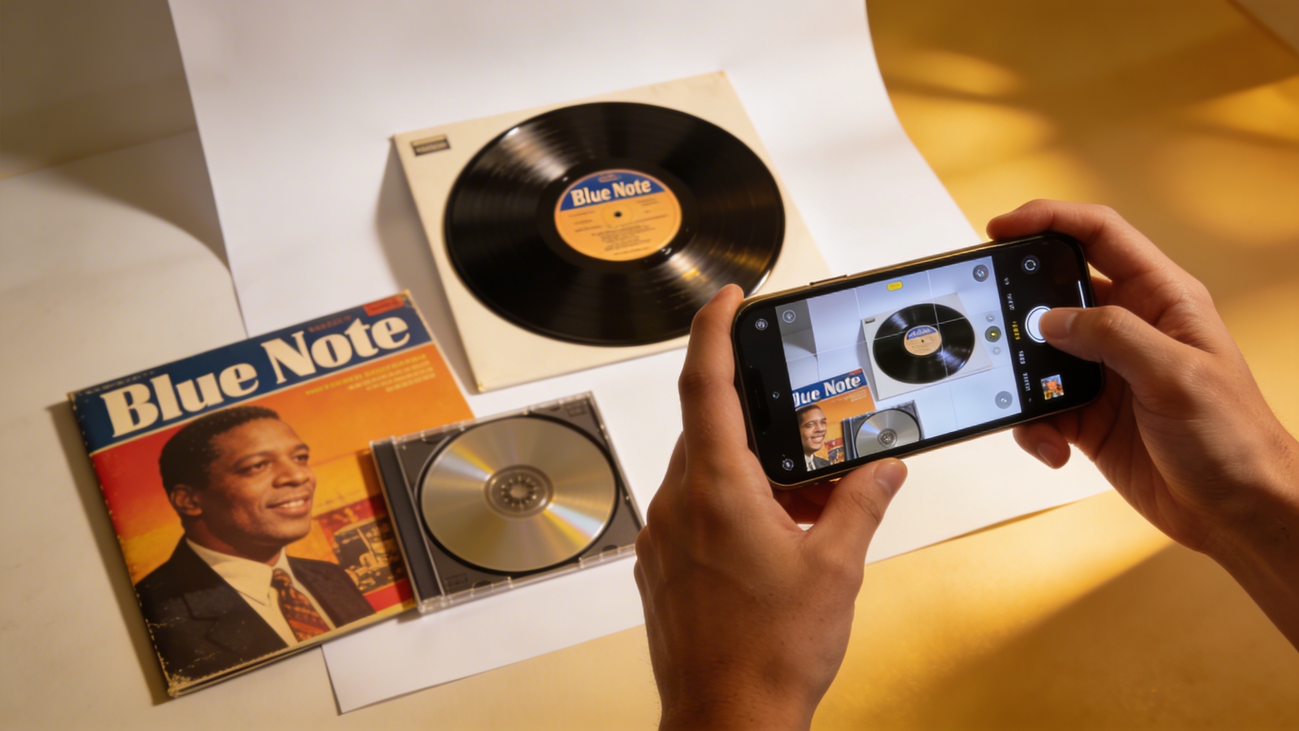 Photorealistic: Collector's hands photographing a rare Blue Note vinyl record with smartphone, professional lighting setup with white backdrop, record sleeve and inner sleeve arranged nearby, warm stu