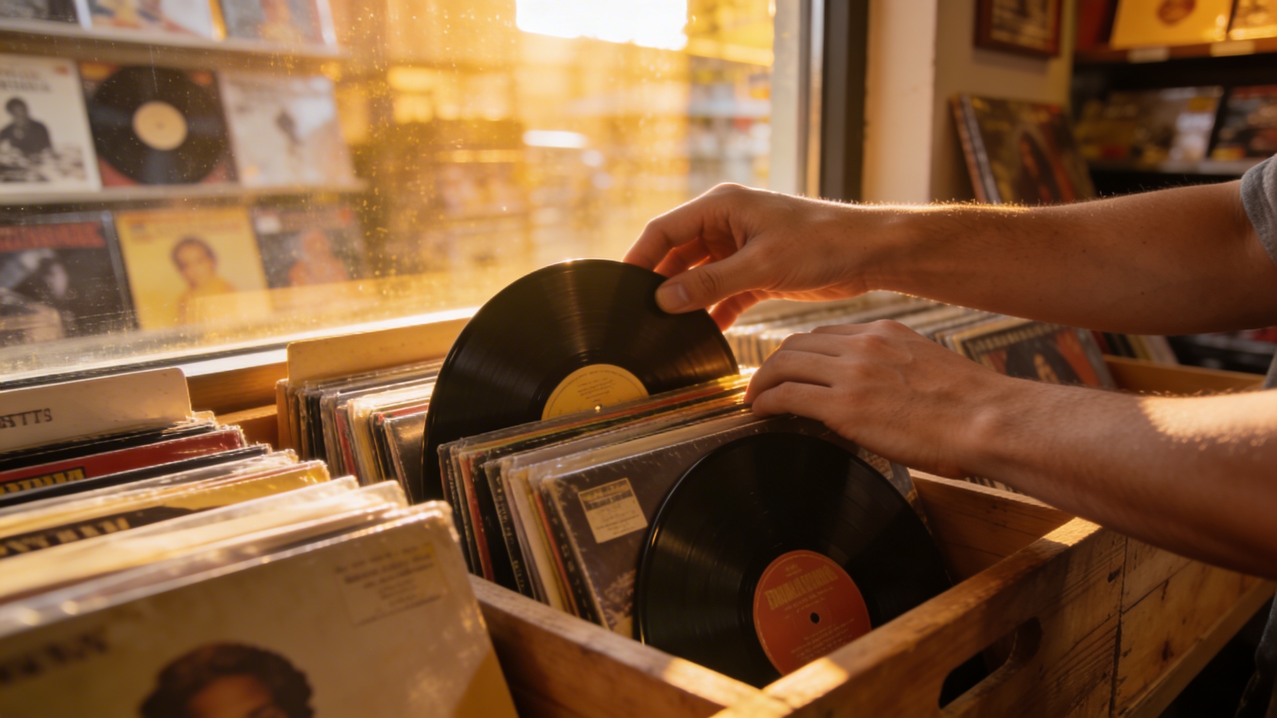 Photorealistic: Close-up of hands flipping through vinyl records in wooden crate, warm golden hour lighting streaming through store window, various album covers visible, detailed texture of record jac