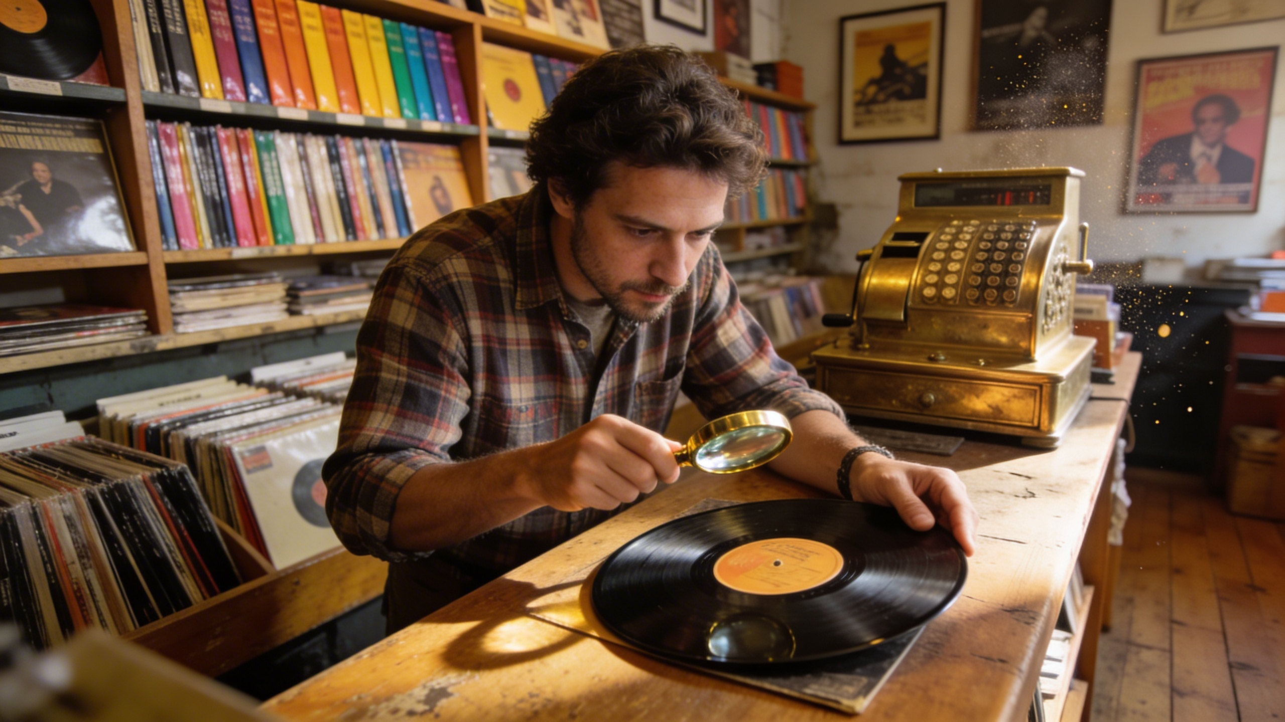 Photorealistic: Record store owner behind counter examining vinyl record condition with magnifying glass, professional lighting, organized shelves of albums in background, vintage cash register, authe