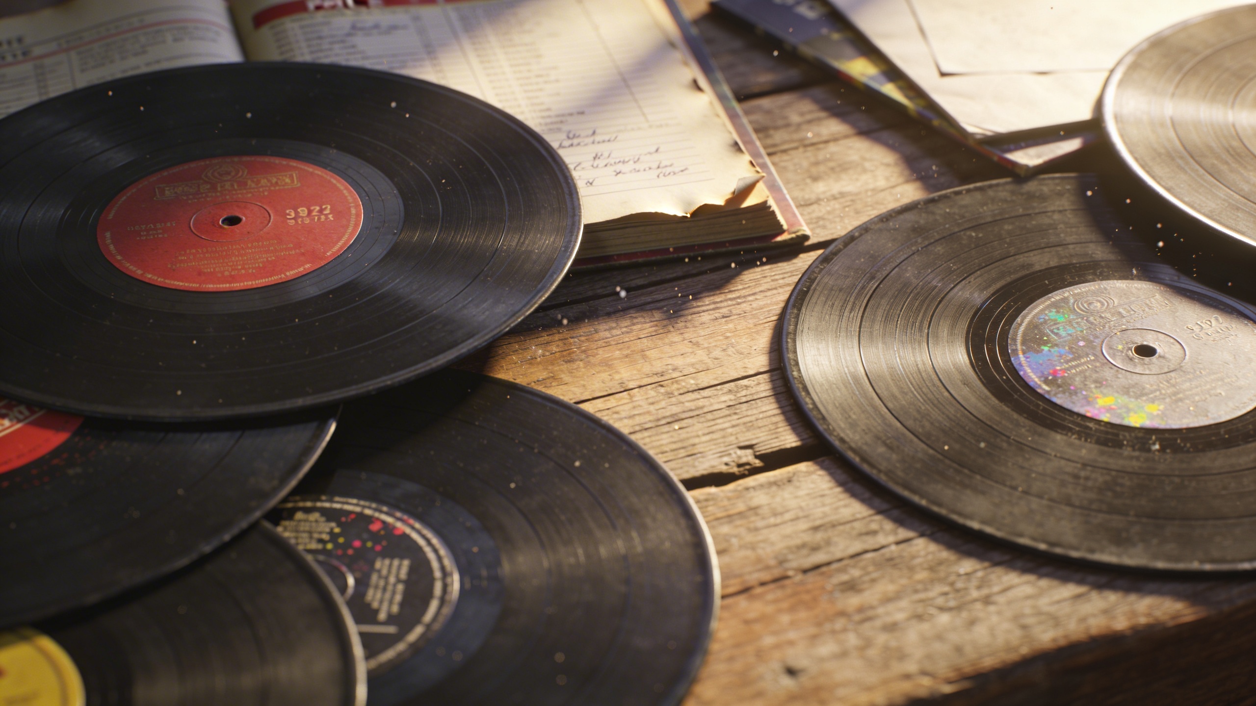 Photorealistic: Multiple vinyl records spread on wooden surface showing different pressing details and label variations, warm studio lighting, shallow depth of field, collector's workspace with price 
