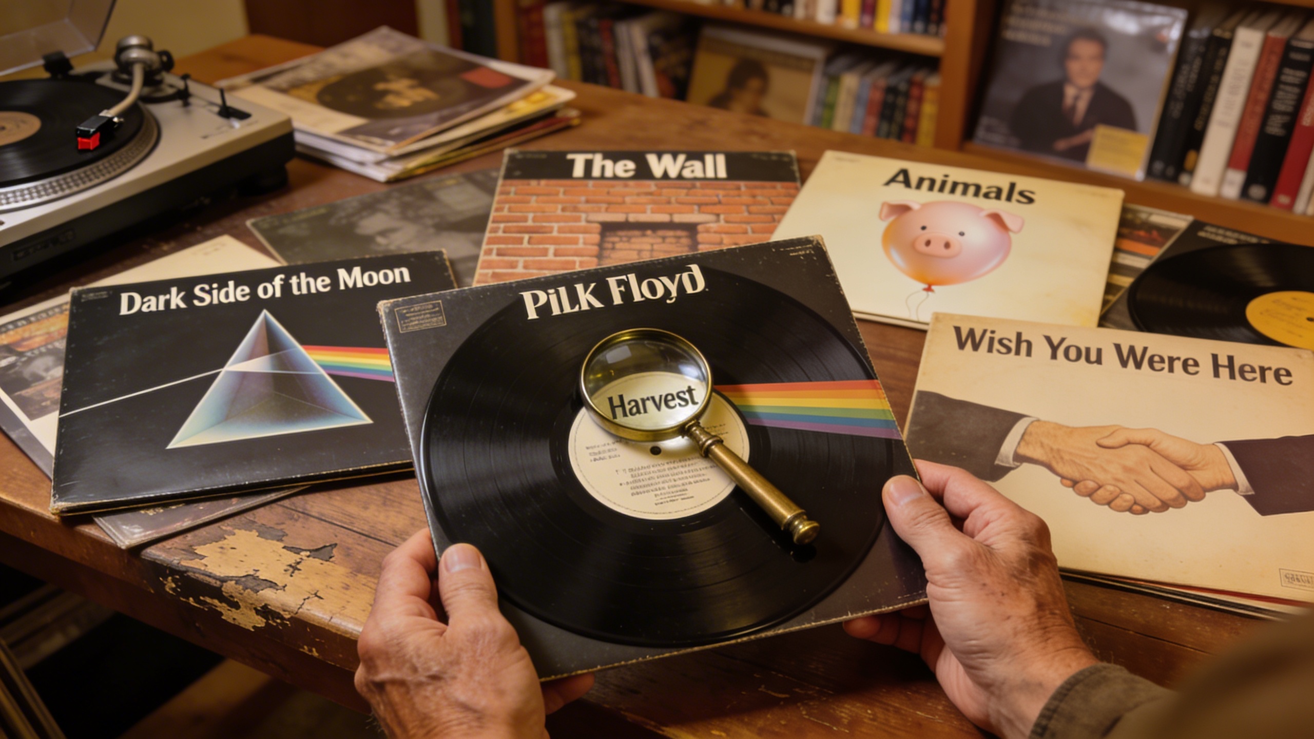Photorealistic: Collection of Pink Floyd album covers spread on wooden table, Dark Side of the Moon, The Wall, Animals, and Wish You Were Here visible, warm library lighting, vintage magnifying glass 