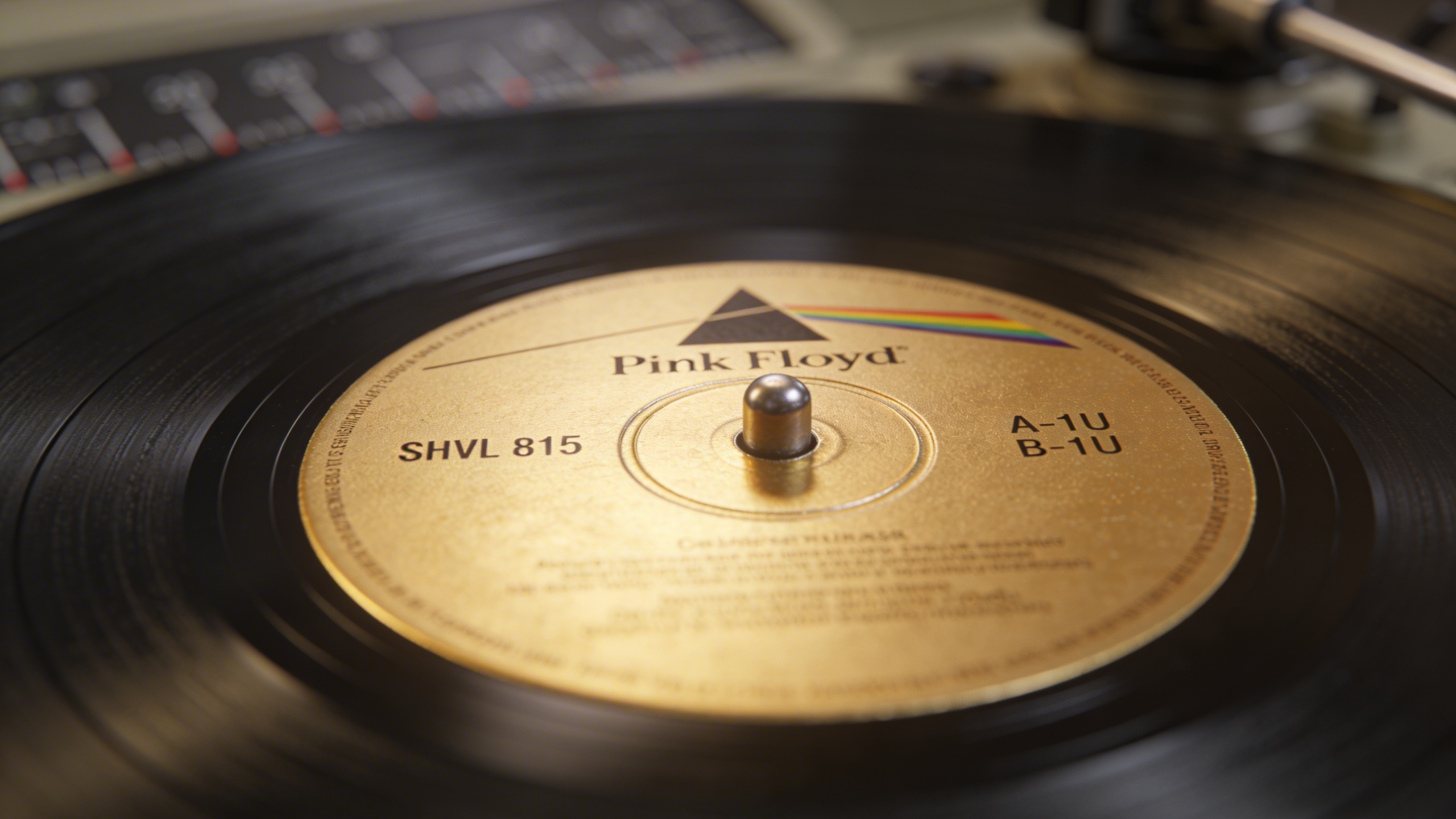Photorealistic: Extreme close-up of Pink Floyd vinyl record label showing Harvest logo and catalog numbers, matrix numbers visible in dead wax area, professional lighting highlighting label details, v