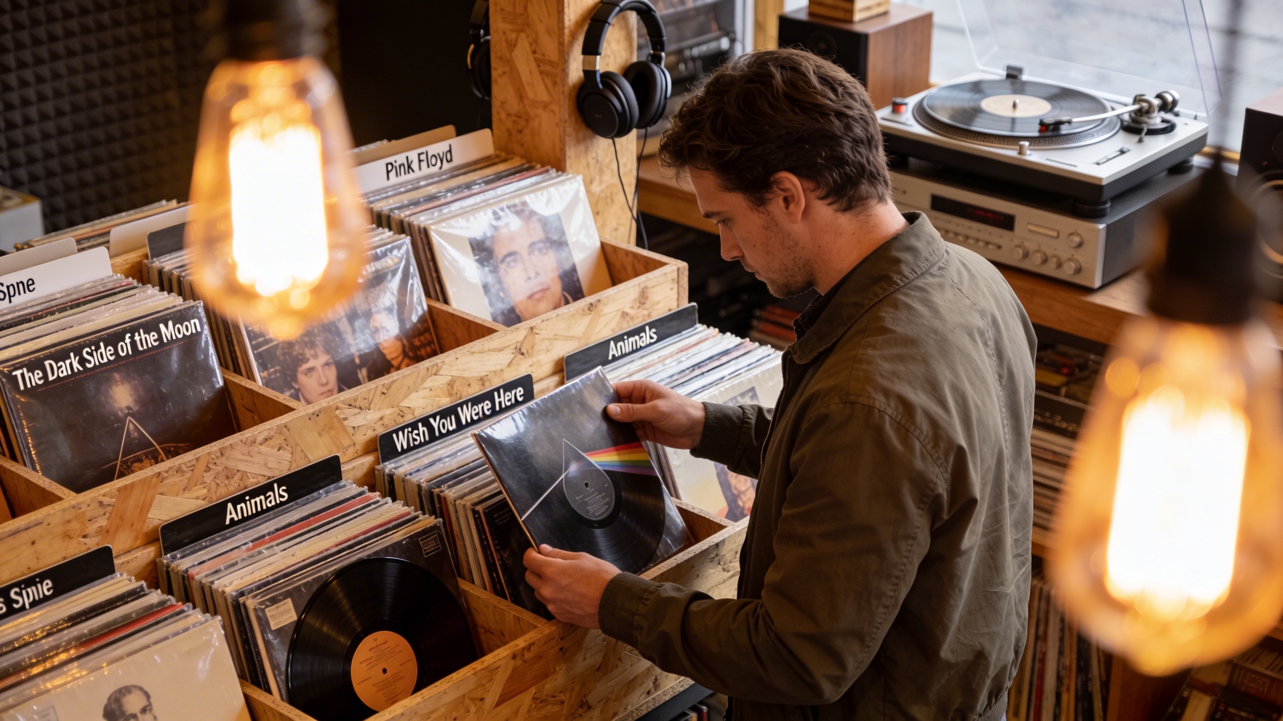 Photorealistic: Cozy record store scene with Pink Floyd vinyl section, collector browsing through albums in wooden crates, warm Edison bulb lighting, vinyl records organized by spine showing various P