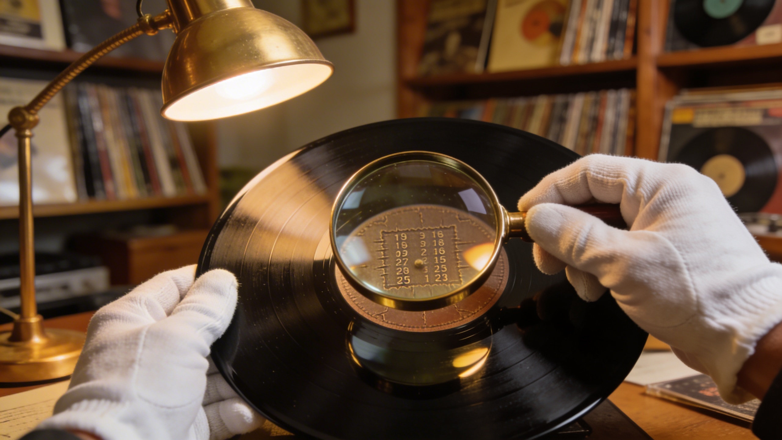 Photorealistic: Hands wearing white cotton gloves carefully examining a rare vinyl record under a magnifying glass, focusing on the dead wax area with matrix numbers visible, warm desk lamp lighting, 