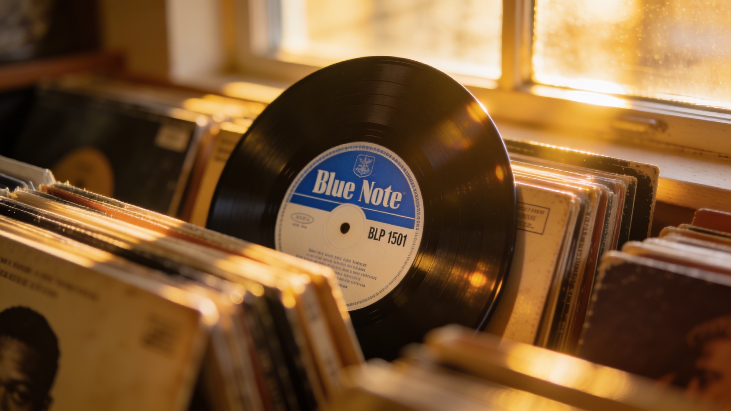 Photorealistic: Extreme close-up of a rare Blue Note jazz record label showing the classic blue and white design, with catalog number BLP 1501 clearly visible, surrounded by other vintage jazz albums,