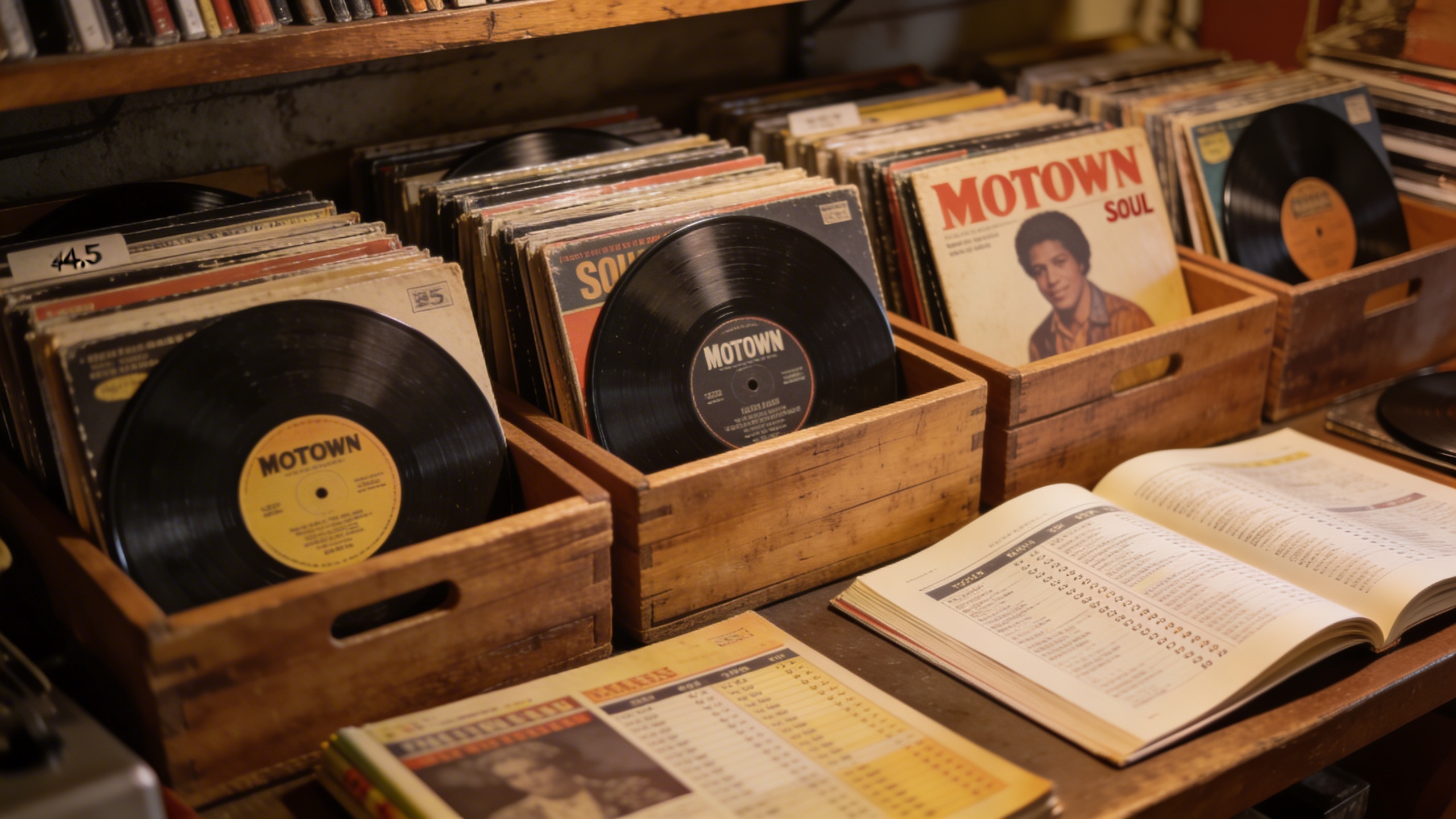 Photorealistic: Collector's workspace with rare 45 RPM singles organized in wooden crates, vintage Motown and soul labels visible, price guide books open nearby, warm tungsten lighting, authentic reco