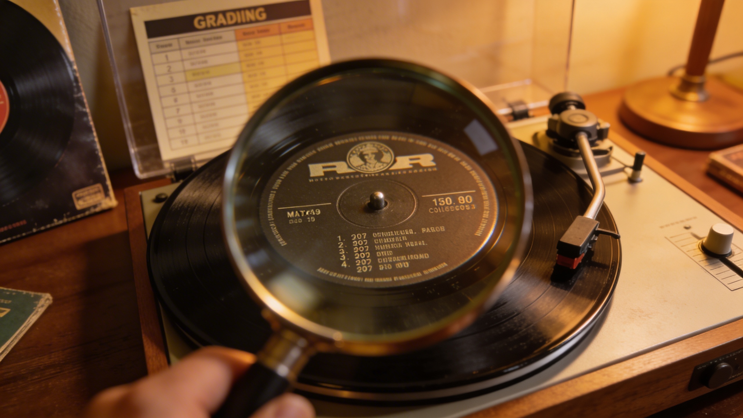 Photorealistic: Magnifying glass examining vinyl record label and matrix numbers in warm tungsten lighting, showing detailed pressing information and catalog numbers, collector's desk setting with gra