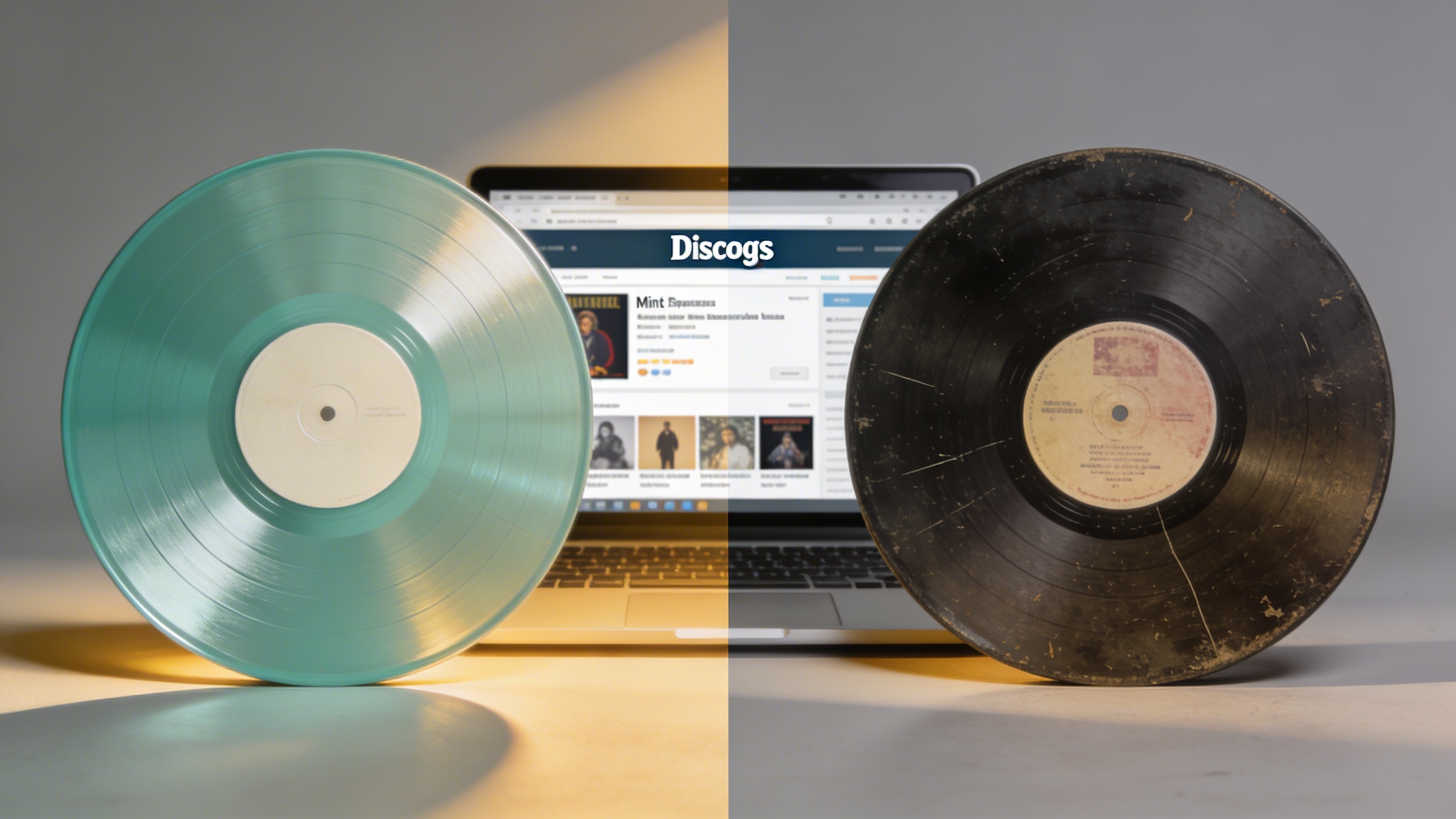 Photorealistic: Split screen comparison of mint condition vs. worn vinyl records side by side, showing surface differences under soft directional lighting, with Discogs website visible on laptop scree