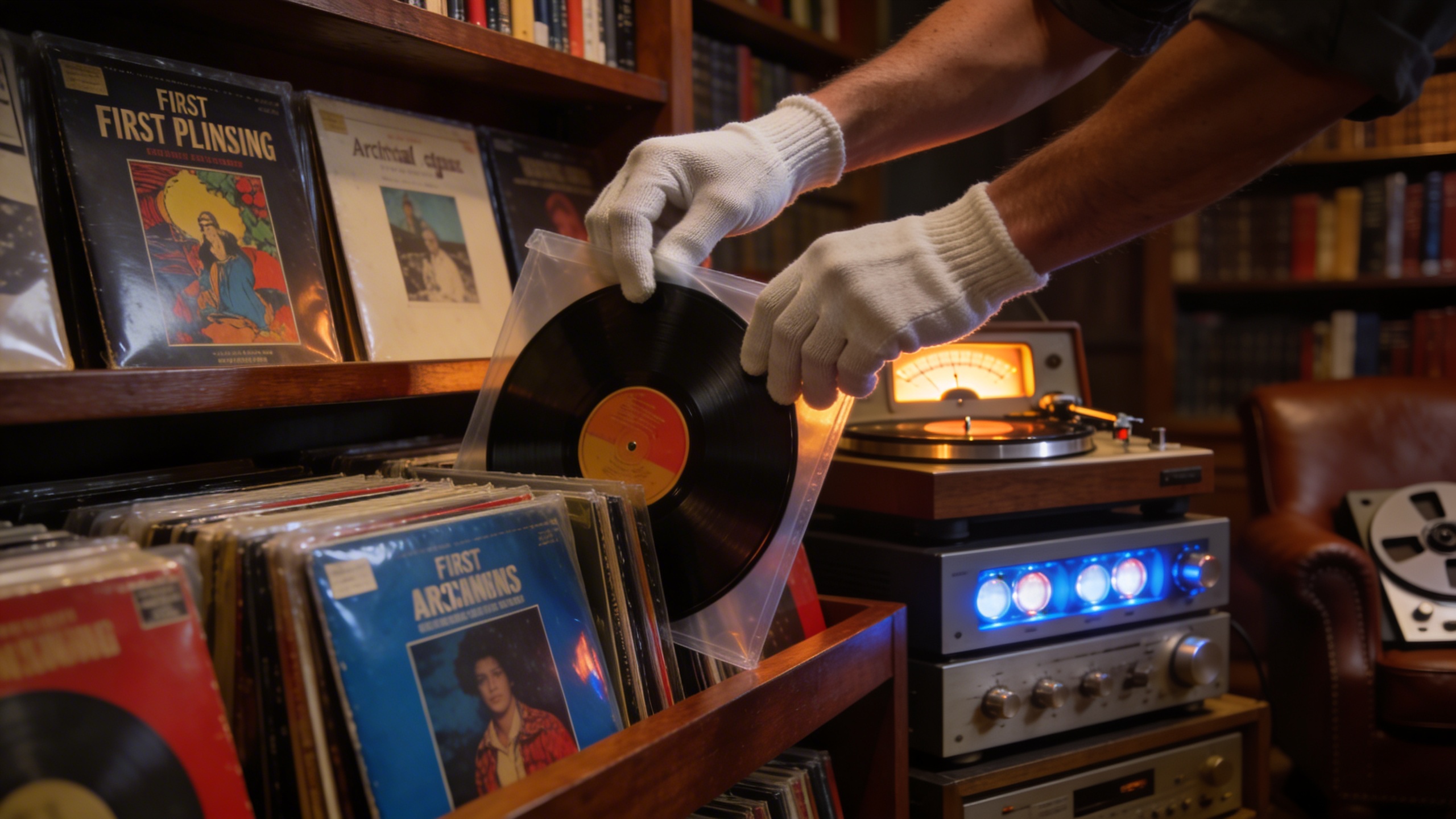 Photorealistic: Collector's hands carefully organizing valuable first pressing albums in protective sleeves, warm library lighting, vintage turntable and audio equipment in atmospheric background, con