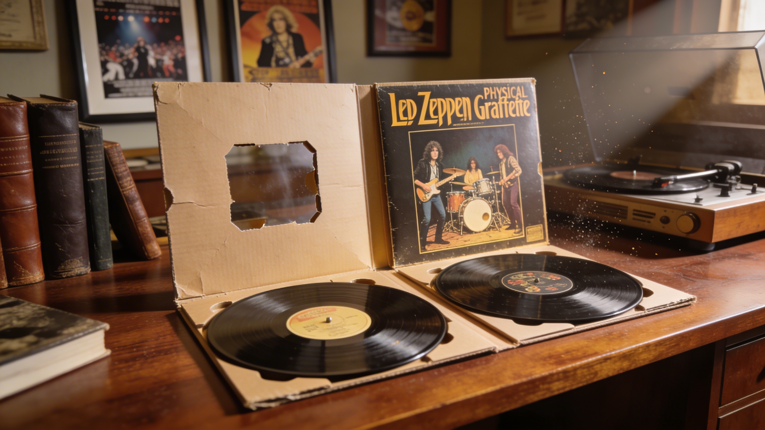 Photorealistic: Led Zeppelin Physical Graffiti double album spread open showing the die-cut window covers and inner sleeves, positioned on a mahogany desk with soft natural lighting from a window, det