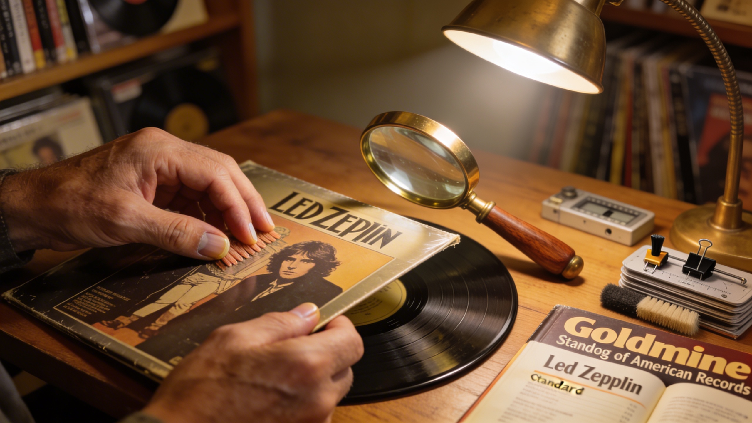 Photorealistic: A collector's hands carefully examining a Led Zeppelin vinyl record under a desk lamp, magnifying glass nearby, grading tools and price guides visible, warm focused lighting creating a
