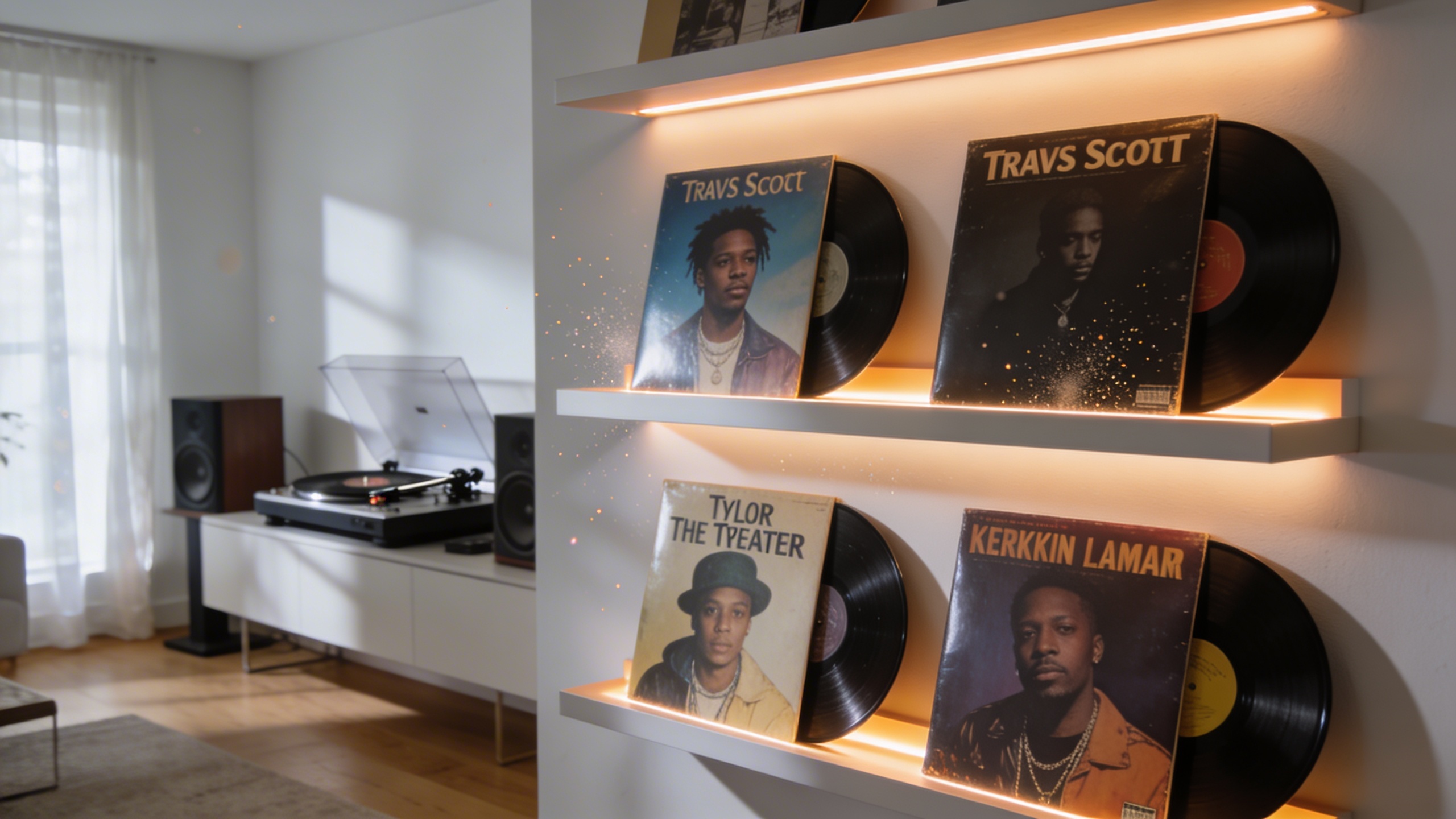 Photorealistic: Extreme close-up of a vinyl record label showing matrix numbers and pressing details, with a magnifying glass partially in frame, soft studio lighting highlighting the text and grooves