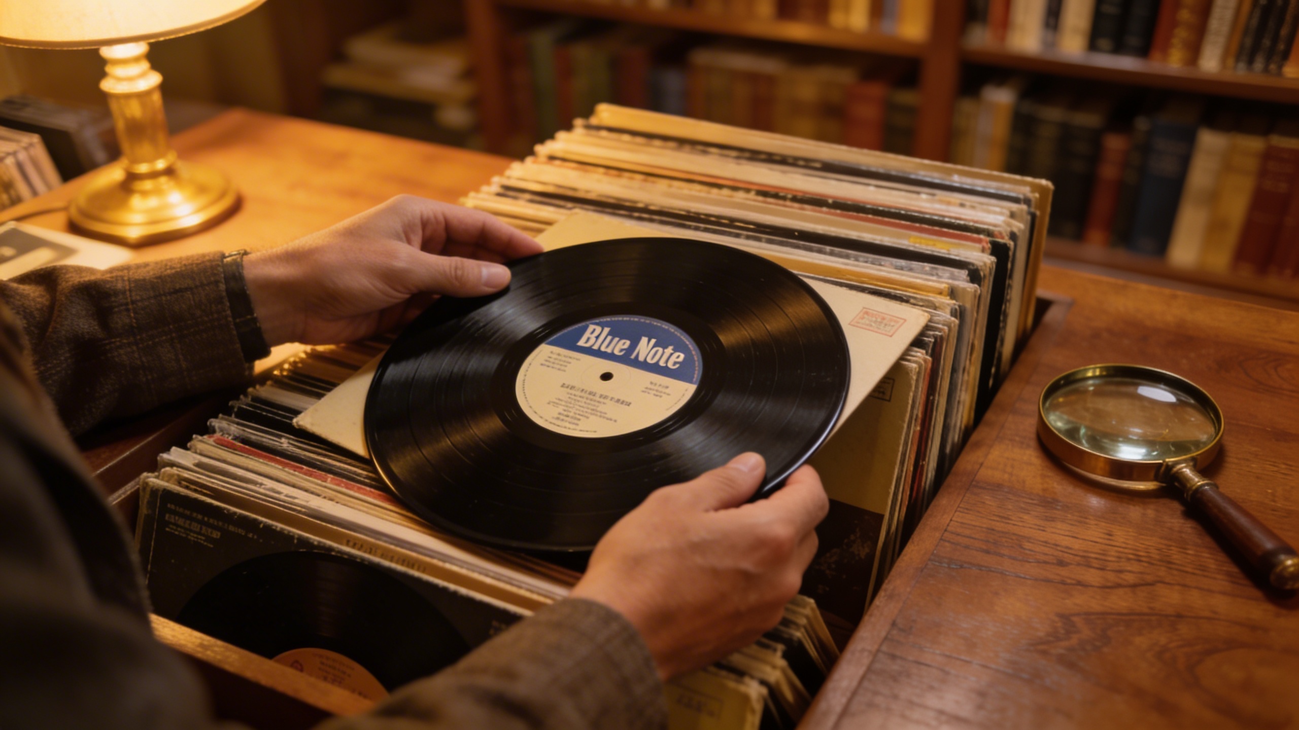 Photorealistic: Stack of original Blue Note records with deep groove labels visible, warm library lighting, collector's hands gently examining a record, vintage magnifying glass nearby, rich wood grai