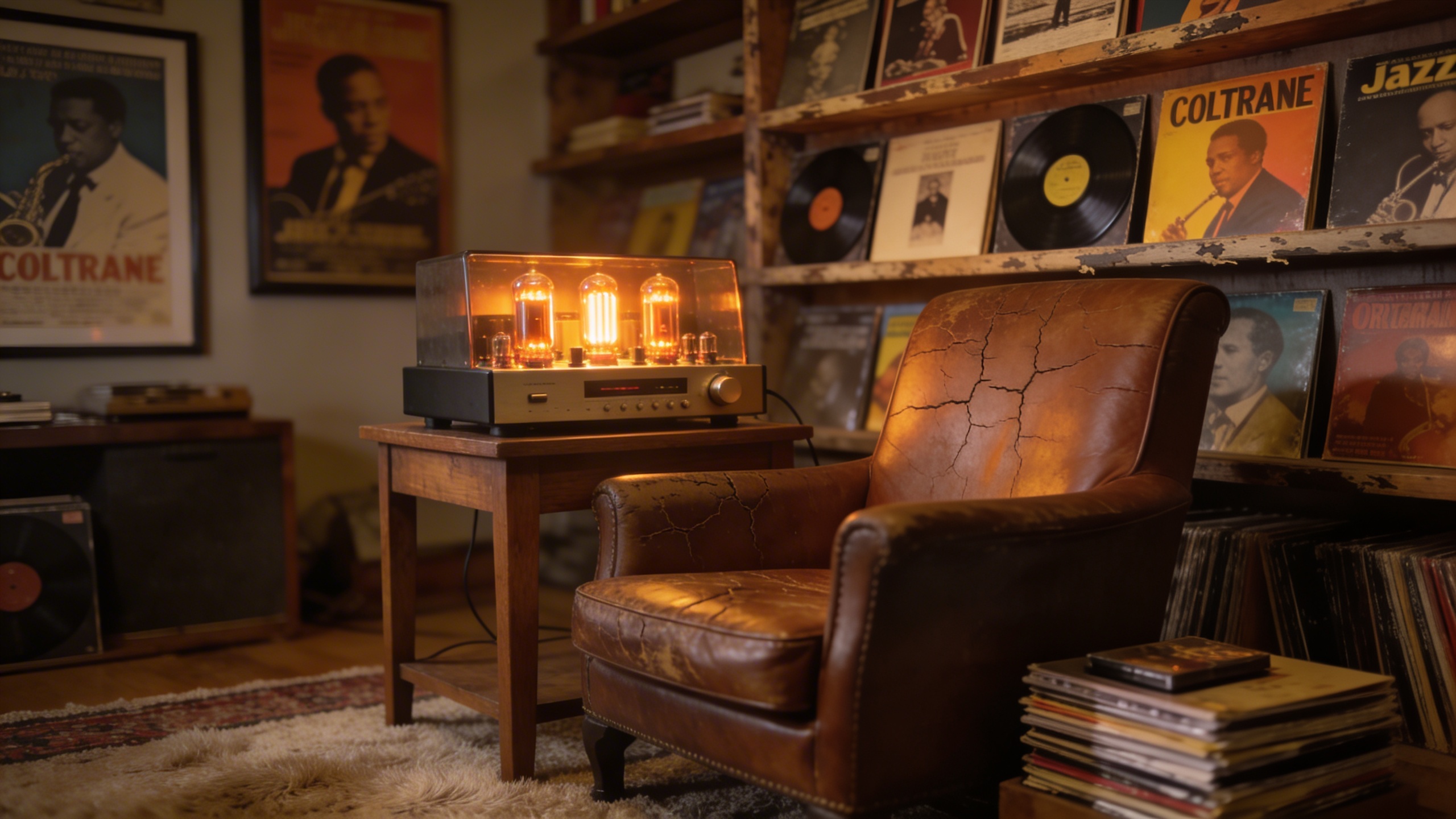 Photorealistic: Cozy jazz record listening room with vintage tube amplifier glowing, original Coltrane albums displayed on wooden shelves, comfortable leather chair, warm tungsten lighting, collector'