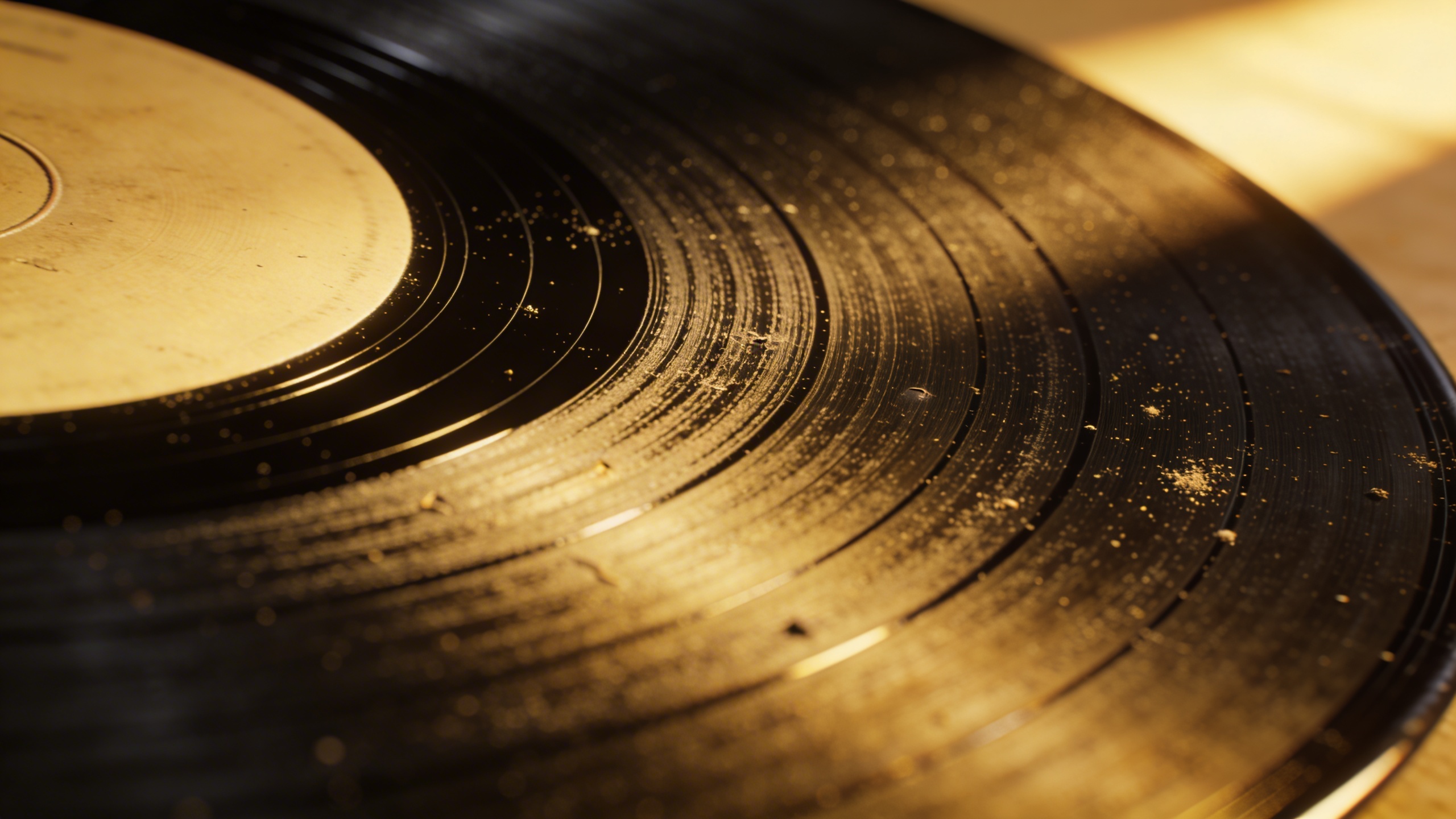 Photorealistic: Detailed cross-section view of vinyl record grooves under magnification, showing the intricate spiral pattern and varying groove widths, warm studio lighting, macro photography style w