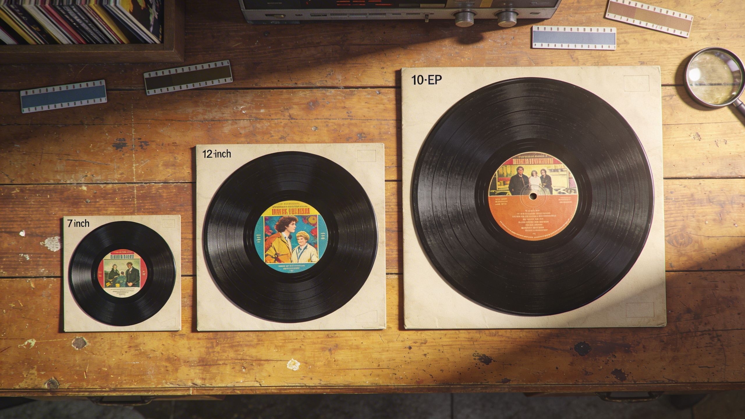 Photorealistic: Collection of different vinyl formats side by side - 7-inch single, 12-inch LP, and 10-inch EP, showing size comparison on a vintage wooden surface, warm natural lighting, authentic re