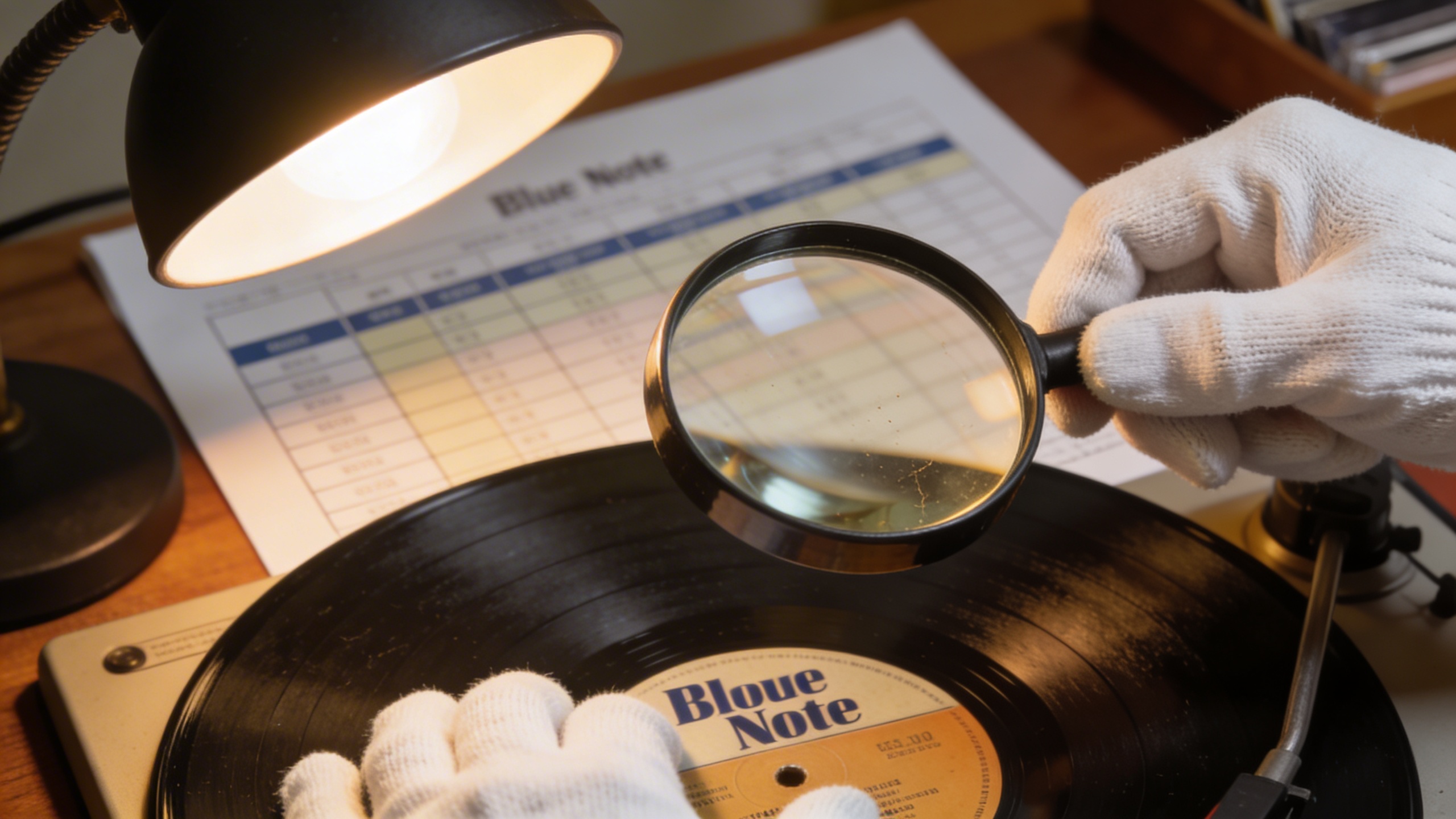 Photorealistic: Professional record grading setup with magnifying glass examining a vintage Blue Note record, grading chart visible, warm desk lamp lighting, collector's hands wearing white cotton glo