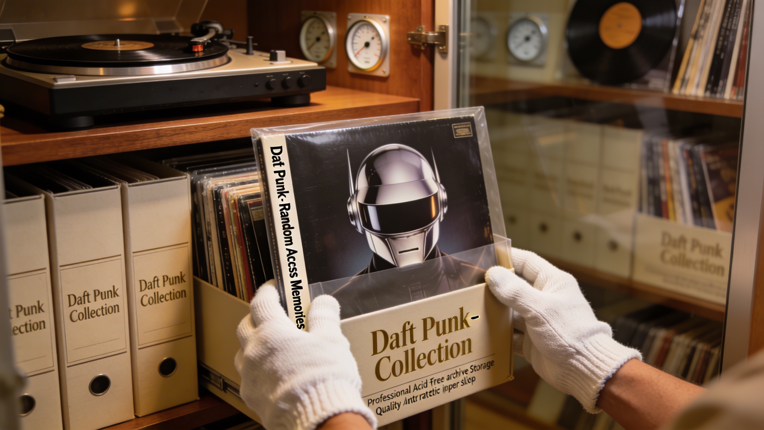 Photorealistic: Elegant record storage setup with Daft Punk collection properly filed in high-quality inner sleeves, climate-controlled environment, warm ambient lighting, collector organizing albums 