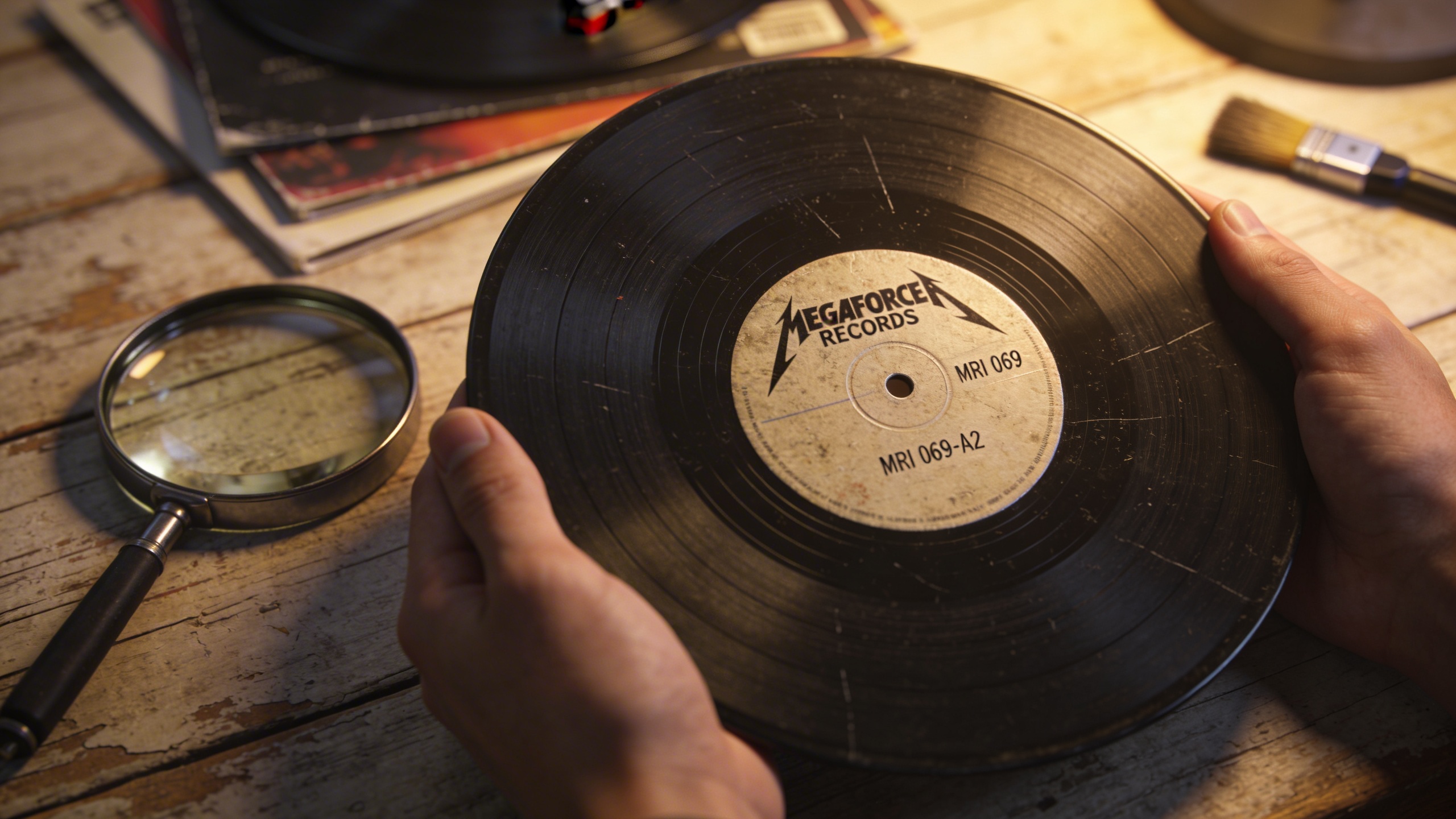 Photorealistic: Hands holding rare Metallica Kill 'Em All Megaforce pressing, showing matrix numbers and label details, warm tungsten lighting, shallow focus on catalog number MRI 069, vinyl collector