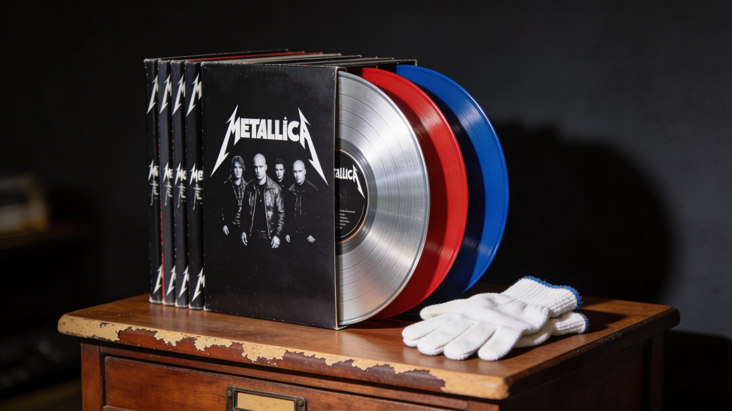 Photorealistic: Stack of Metallica Black Album vinyl variants including picture disc and colored vinyl, dramatic side lighting highlighting the different pressing types, dark background, collector's t