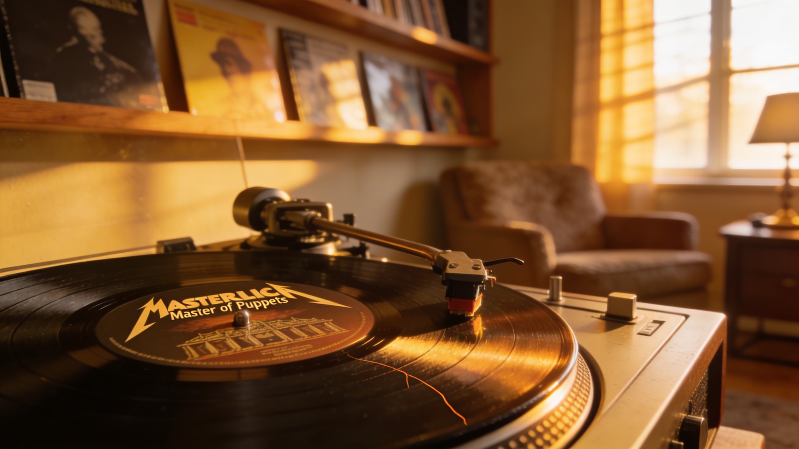 Photorealistic: Vintage turntable playing Metallica Master of Puppets vinyl, needle on record, warm golden hour lighting streaming through window, cozy listening room setup with album covers displayed