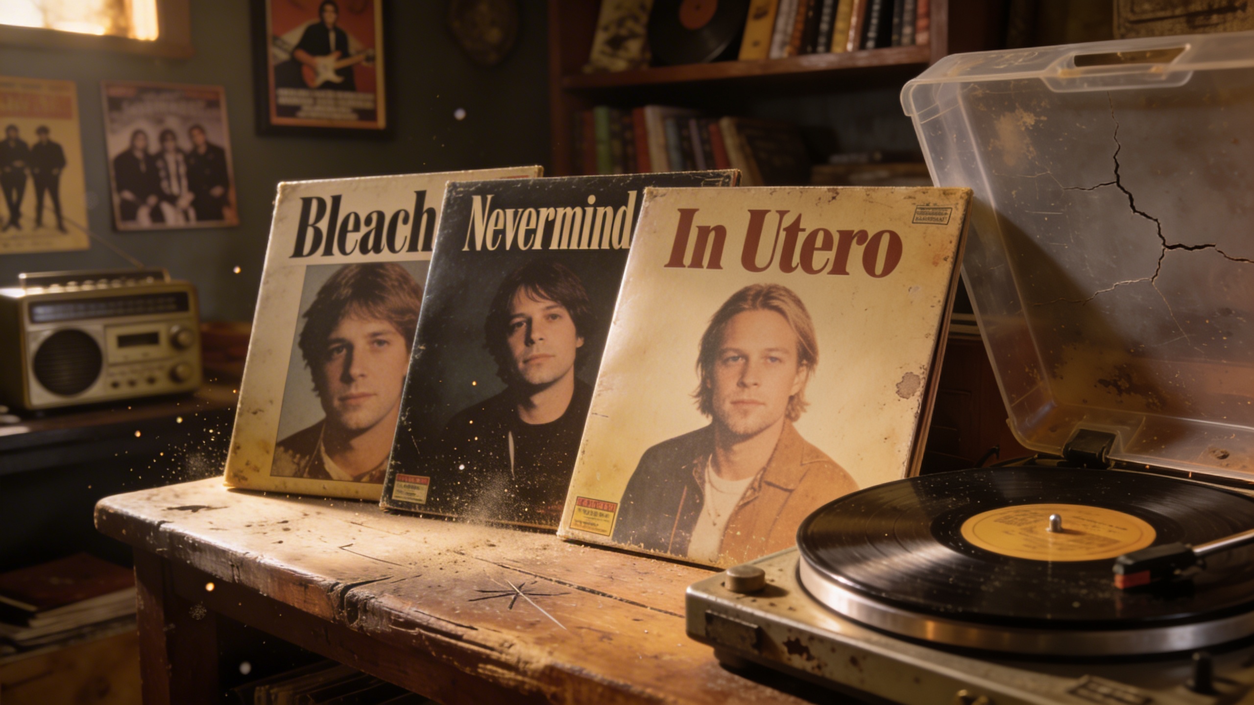 Photorealistic: Three Nirvana studio albums (Bleach, Nevermind, In Utero) arranged on aged wooden surface, vintage turntable partially visible, warm golden hour lighting, vinyl spines showing wear and