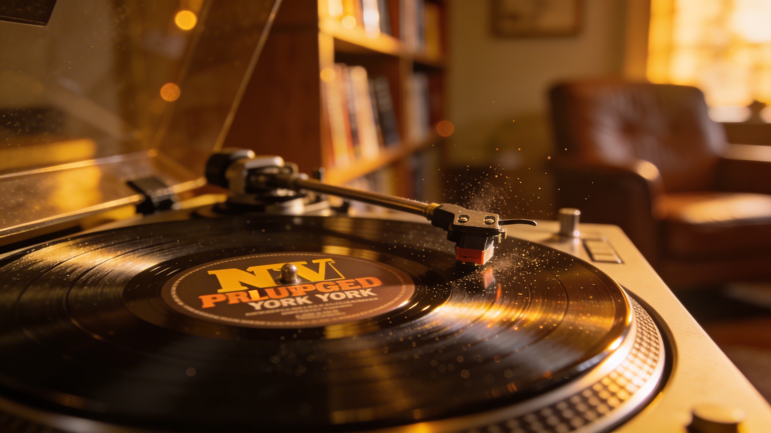 Photorealistic: MTV Unplugged in New York vinyl record spinning on high-end turntable, tonearm in focus, warm tungsten lighting creating vinyl surface reflections, cozy listening room background with 