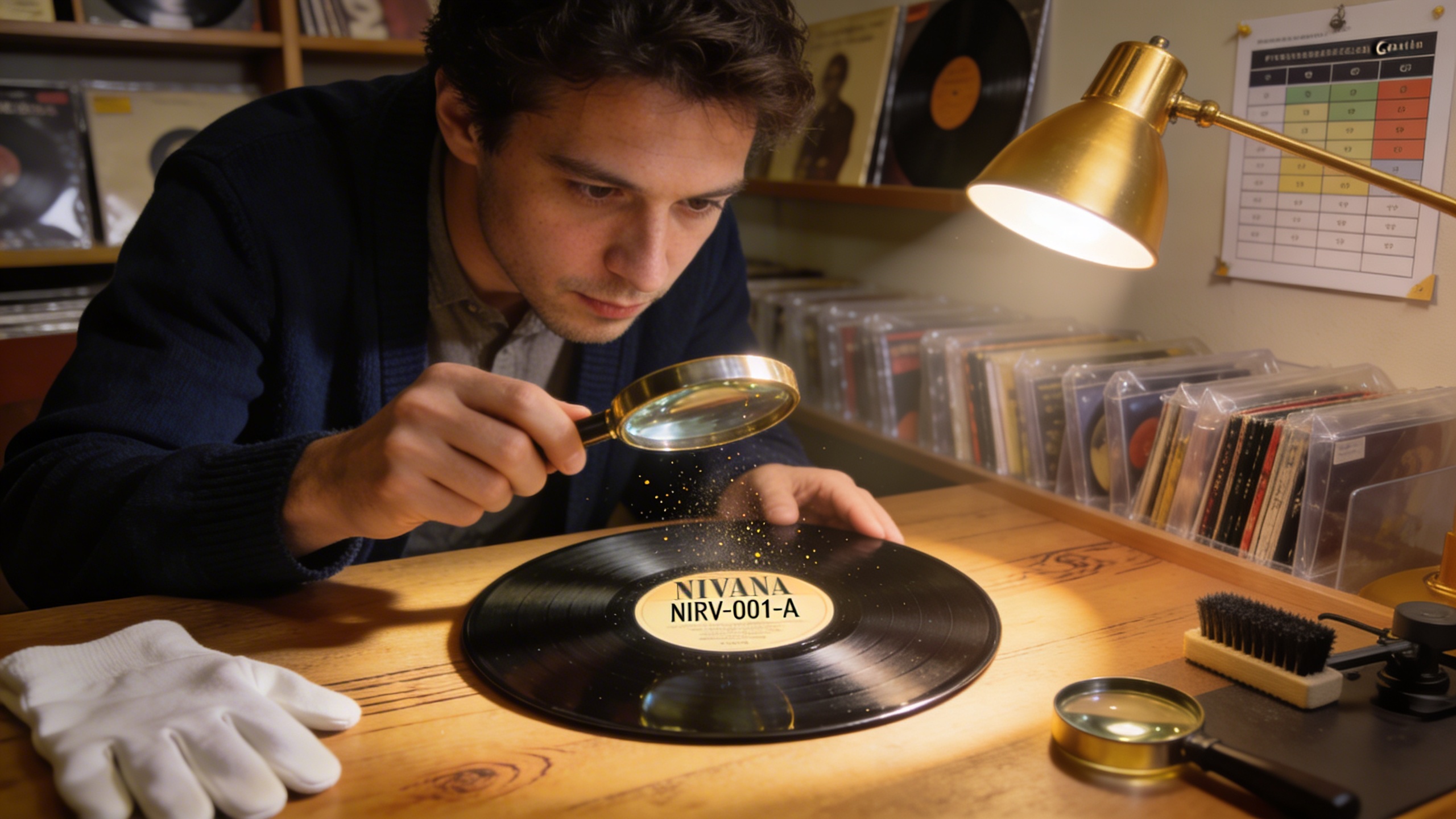 Photorealistic: Collector examining Nirvana vinyl with magnifying glass under desk lamp, matrix numbers visible on record label, organized collection visible in background, professional grading setup,