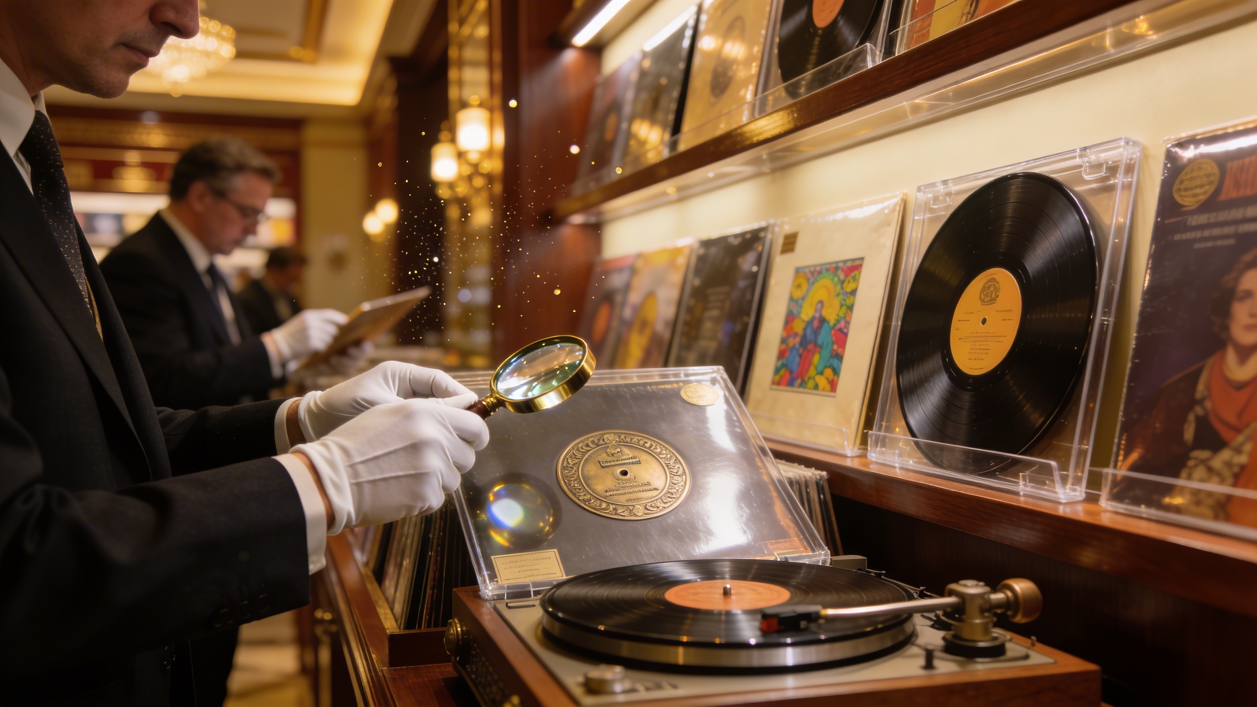 Photorealistic: Extreme close-up of vinyl record label showing rare pressing details, pristine condition with deep black vinyl reflecting warm light, catalog number and matrix codes clearly visible, p