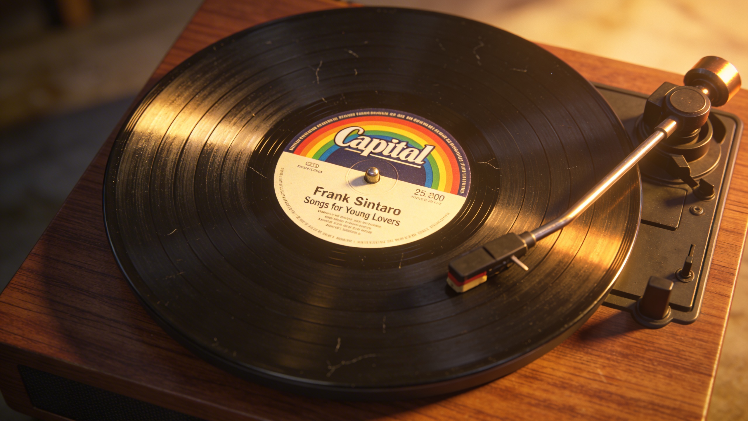Photorealistic: Close-up of Capitol Records rainbow label on Frank Sinatra's 'Songs for Young Lovers' spinning on vintage turntable, warm golden hour lighting, detailed texture of vinyl grooves visibl